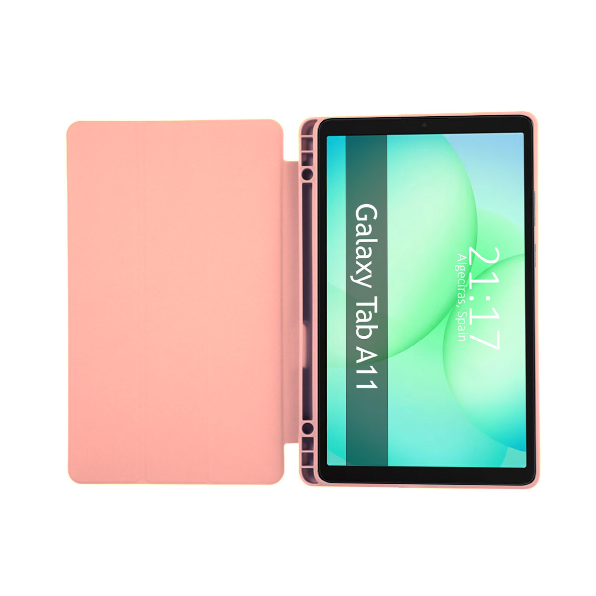 Un tablet Galaxy Tab A11 con custodia rosa. Lo schermo mostra l'ora, 21:17, e il luogo, Algeciras, Spagna.