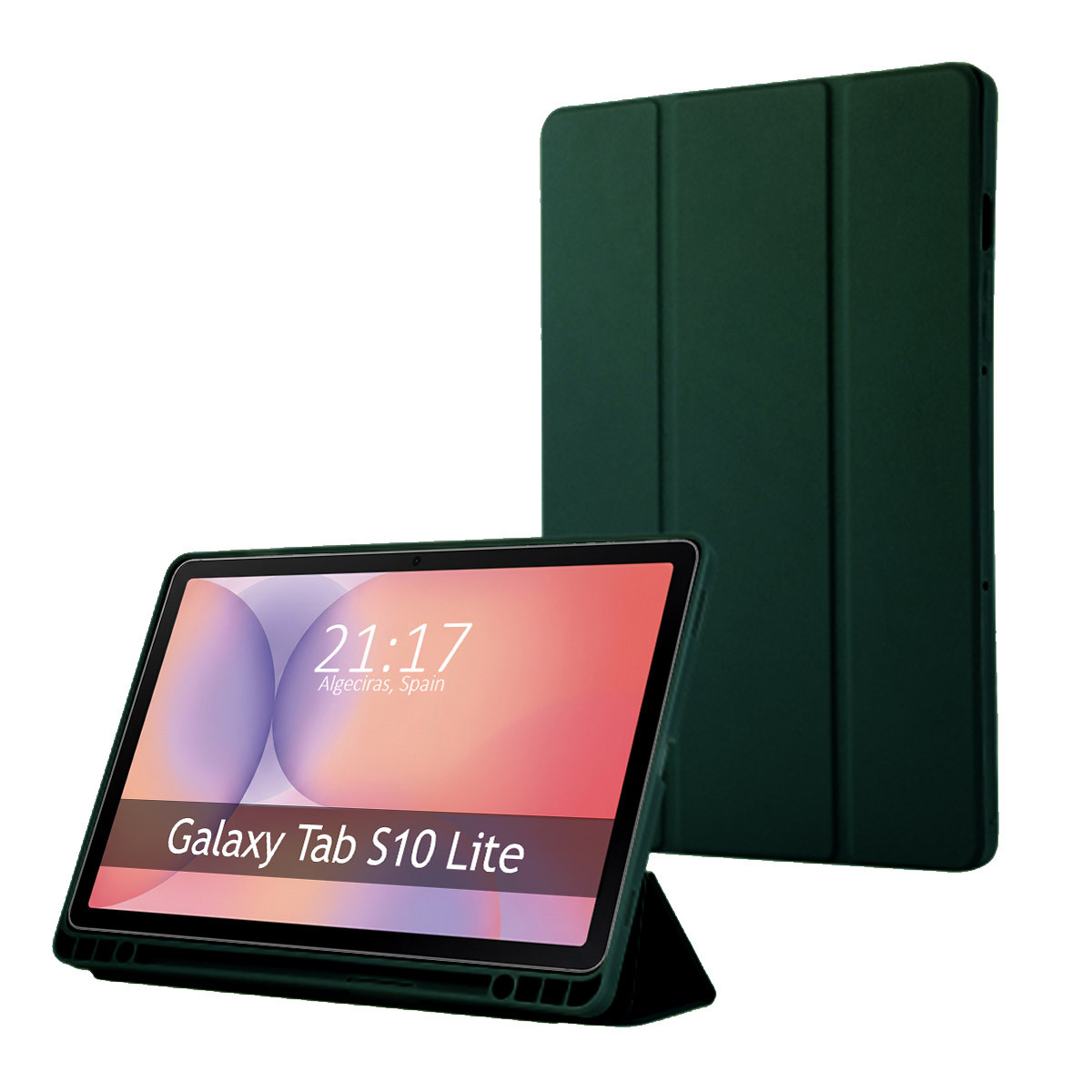 Un tablet Galaxy Tab S10 Lite in una custodia verde, che mostra l'ora e il luogo. Una seconda custodia verde dietro.