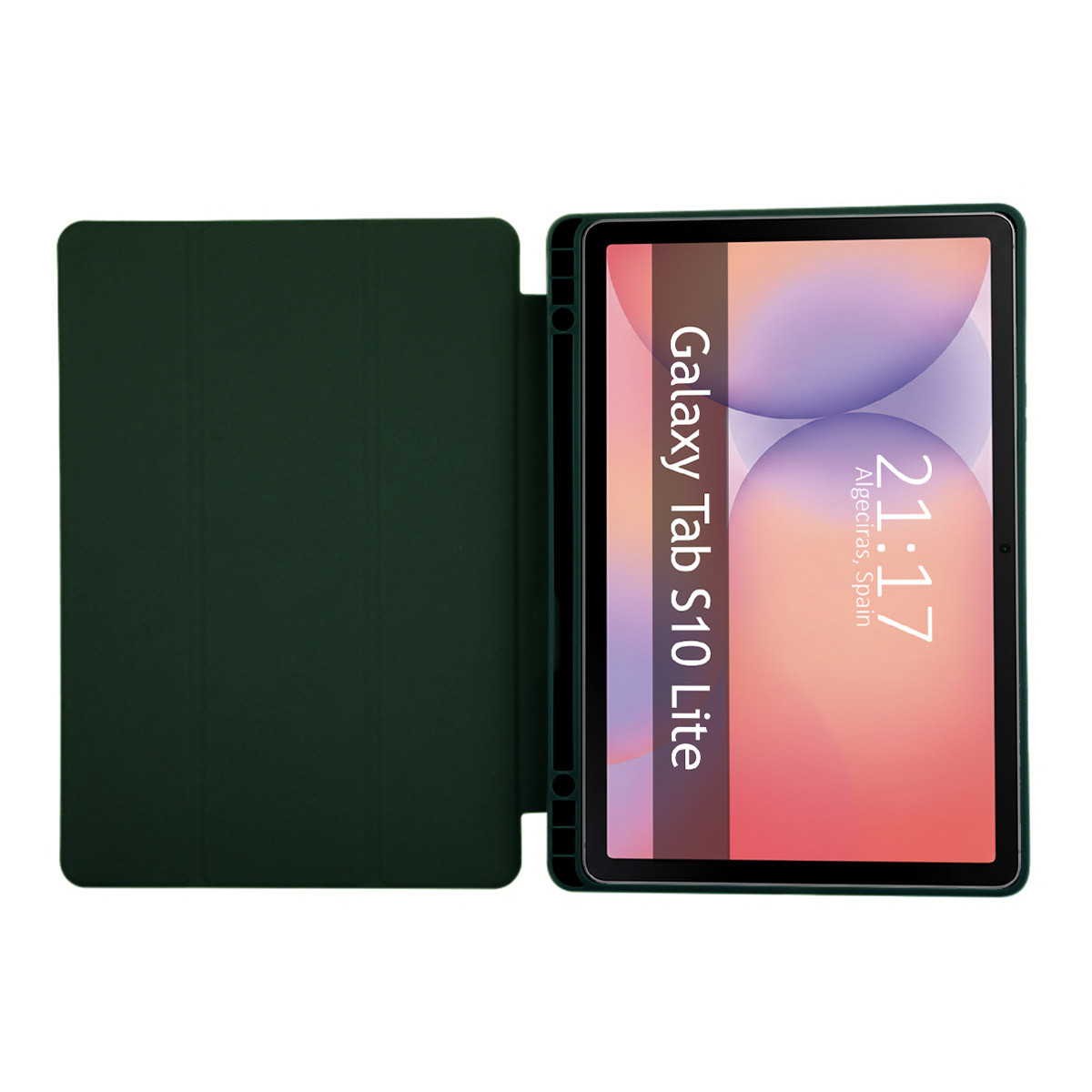 Un tablet in una custodia verde scuro. Lo schermo mostra 'Galaxy Tab S10 Lite', l'ora 21:17 e la località Algeciras, Spagna.