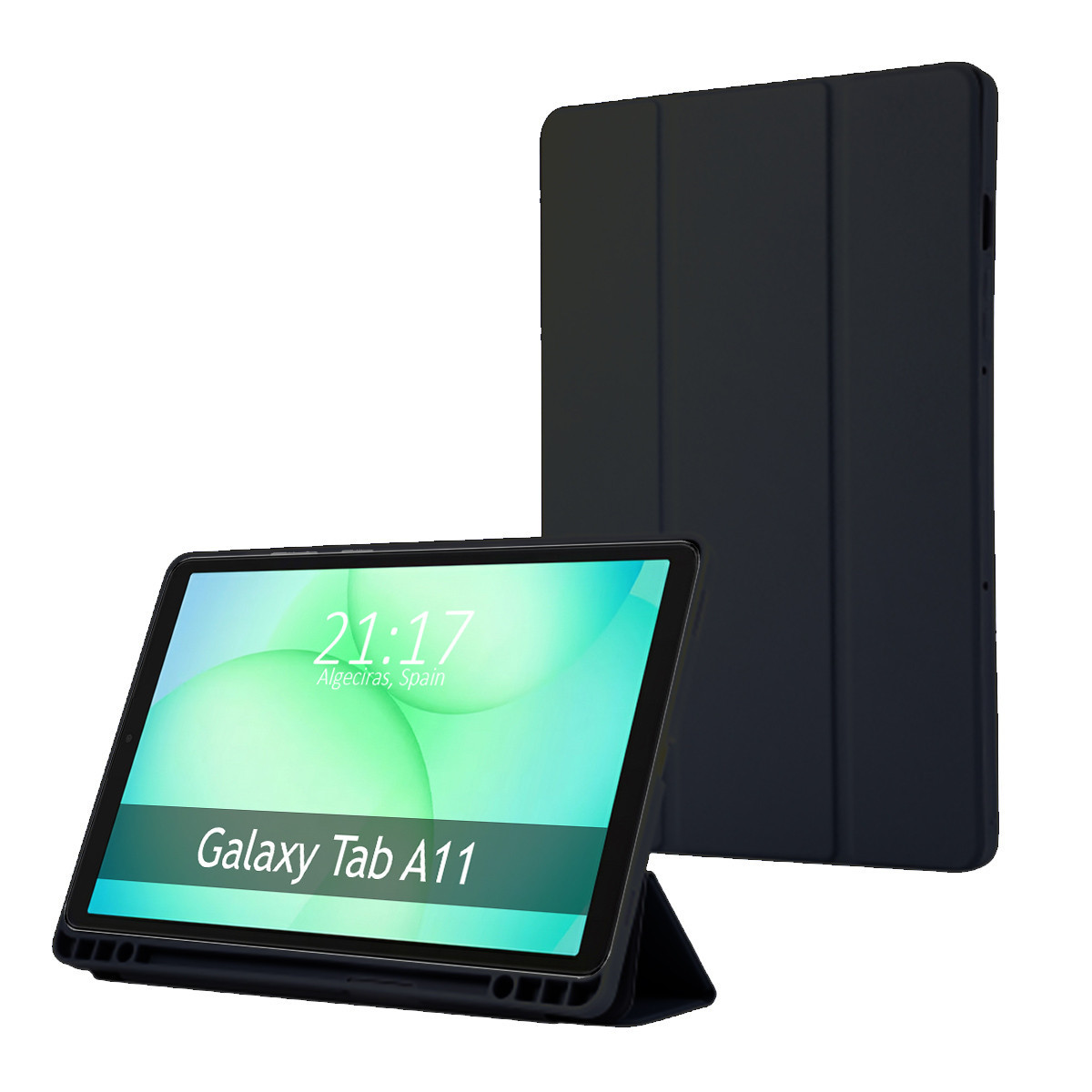 Un tablet Galaxy Tab A11 con una custodia blu scuro. Lo schermo mostra l'ora e il luogo. La custodia è dietro.