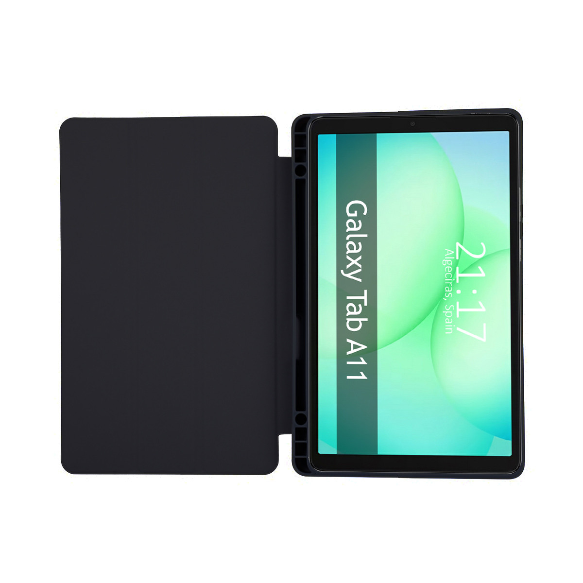 Un tablet Galaxy Tab A11 in una custodia nera, che mostra uno schermo con l'ora e la città.