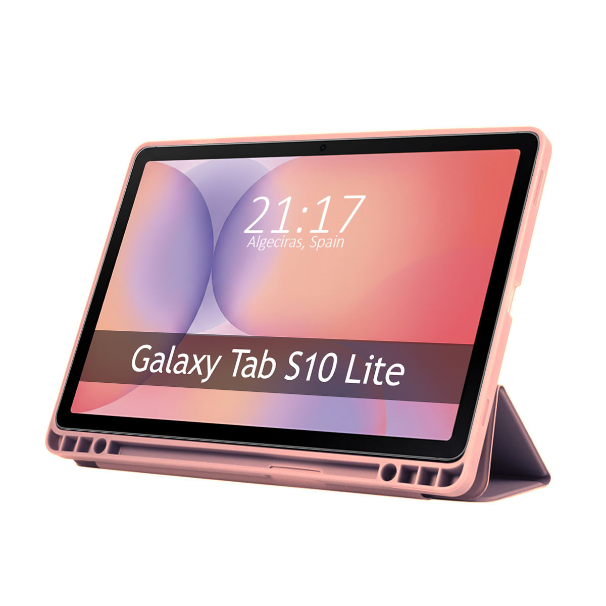Un tablet Galaxy Tab S10 Lite in una custodia rosa è aperto. Lo schermo mostra l'ora, e lo sfondo è rosa e viola.