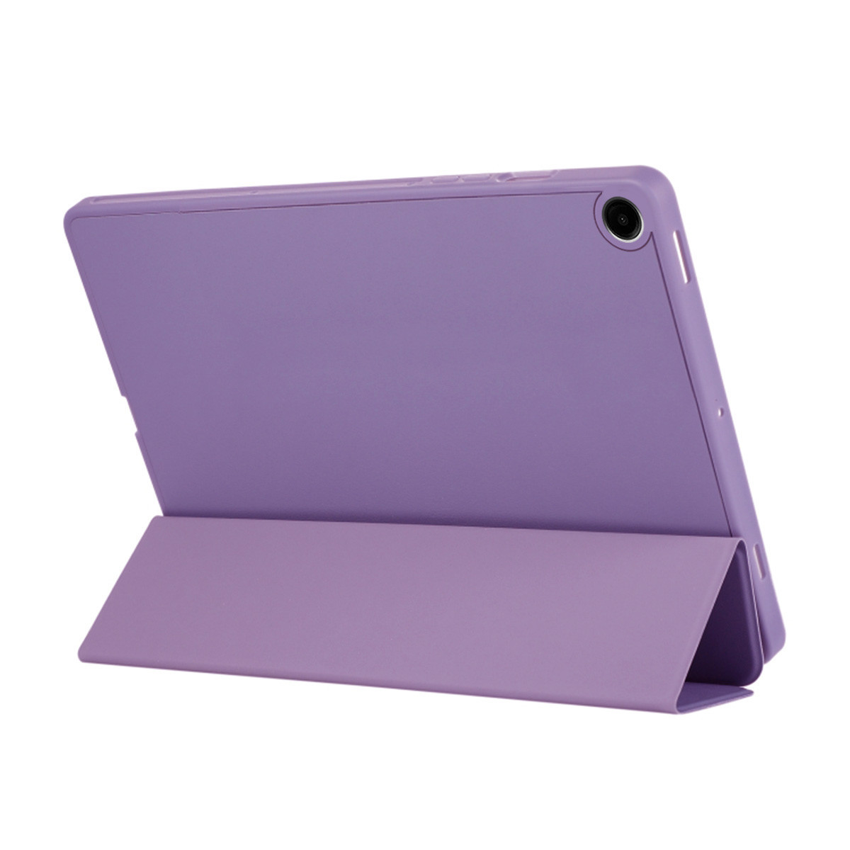 Un tablet viola in una custodia abbinata. La custodia sostiene il tablet. Lo sfondo è bianco.