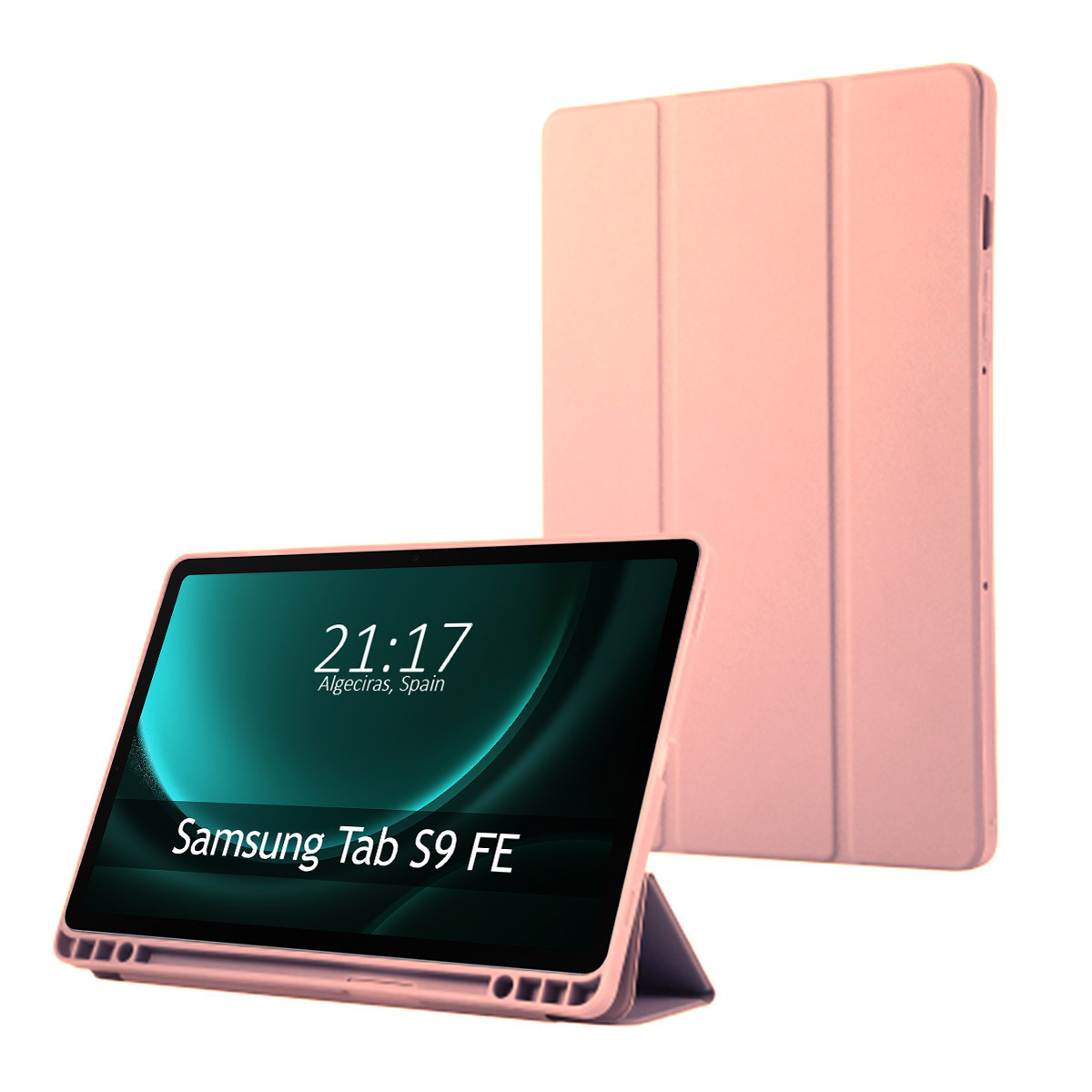 Un tablet Samsung Tab S9 FE rosa con una cover abbinata. Lo schermo mostra l'ora e il luogo, Algeciras, Spagna.