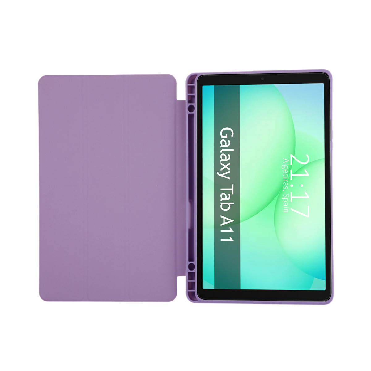 Un tablet Galaxy Tab A11 in una custodia viola, aperto per rivelare lo schermo. Lo schermo mostra l'ora 21:17 e la località Algeciras, Spagna.