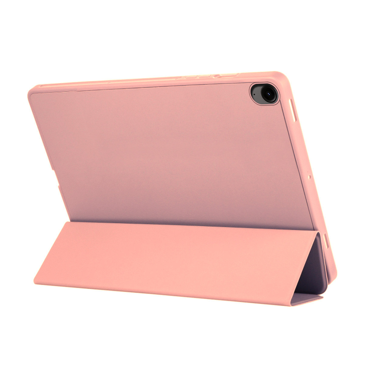 Un tablet rosa in una custodia, vista angolata. La cover è piegata per fungere da supporto. Sfondo bianco.