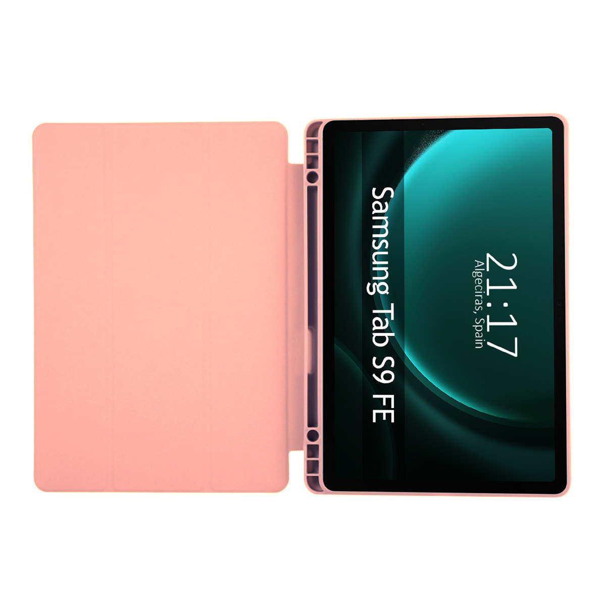 Una custodia rosa per tablet con un tablet che mostra l'ora 21:17 e il testo Samsung Tab S9 FE.