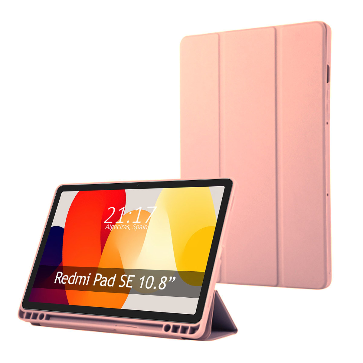 Un tablet Redmi Pad SE 10.8" rosa con custodia. Lo schermo mostra l'ora e il tablet è appoggiato.