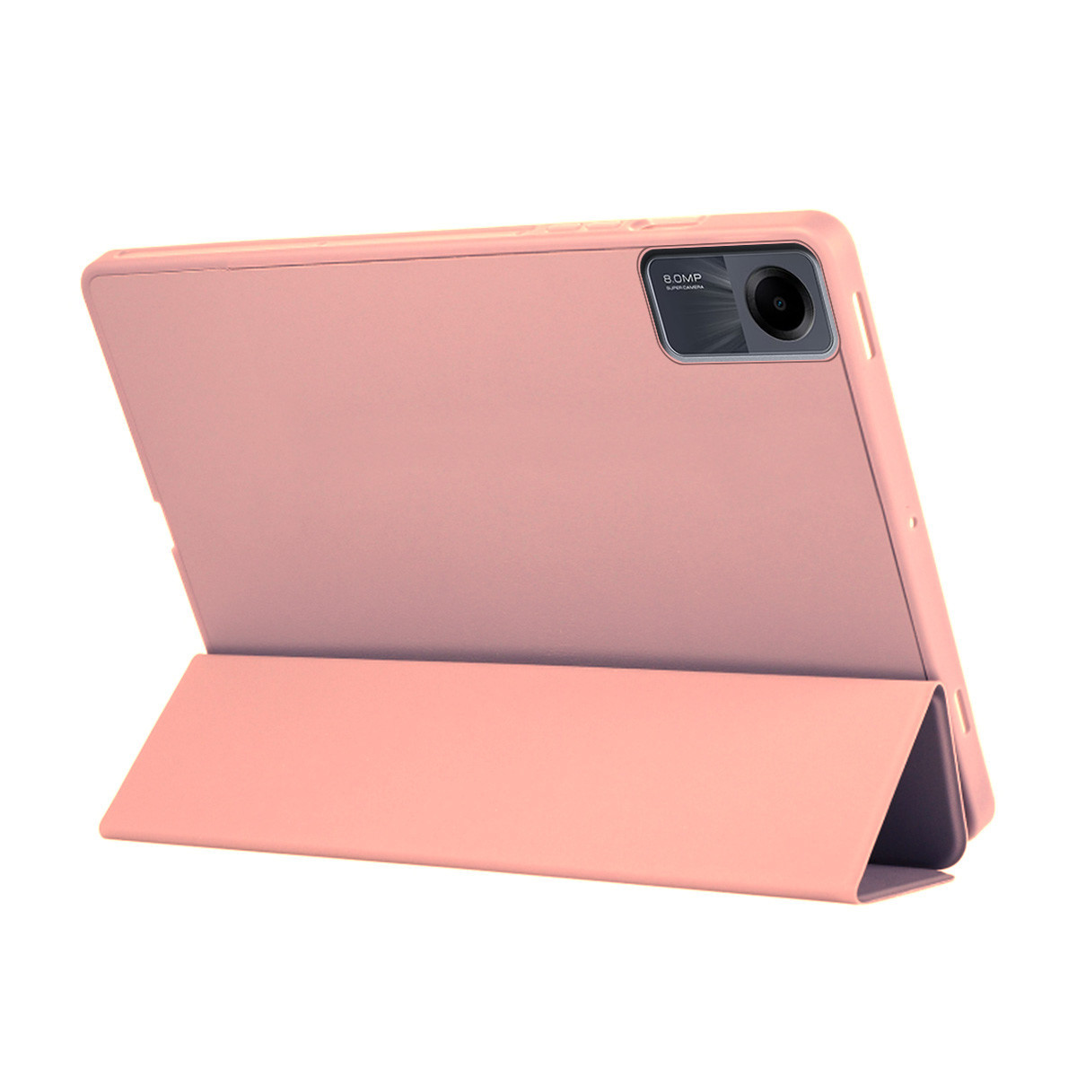 Un tablet rosa in una custodia, aperto. La fotocamera è visibile in alto. La custodia è di una tonalità di rosa più chiara.