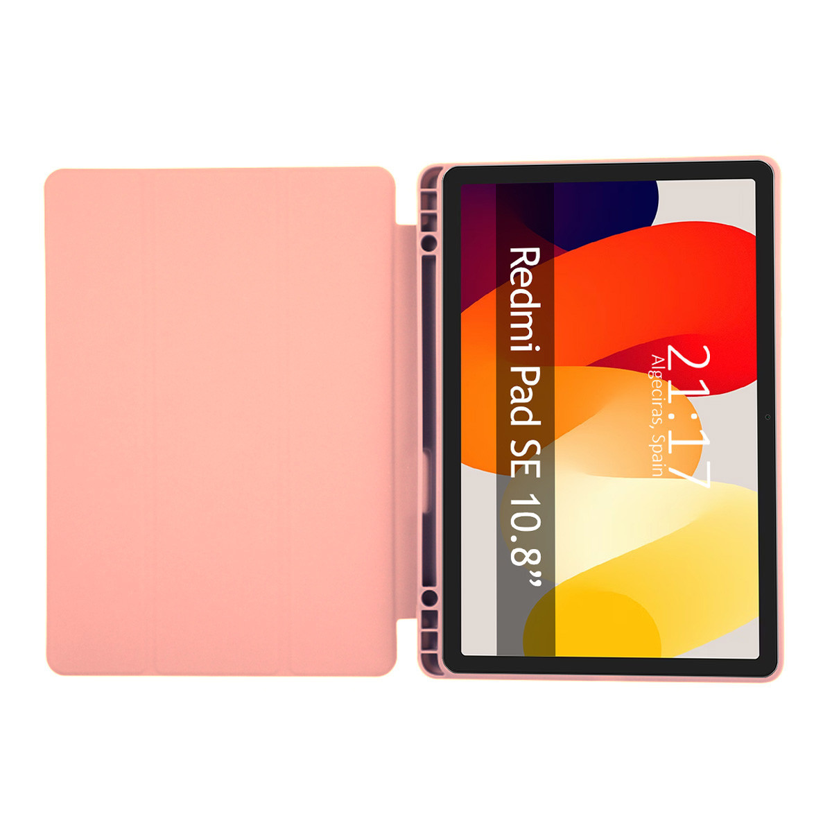 Un tablet Redmi Pad SE 10.8" rosa con una cover aperta mostra uno sfondo colorato. L'ora è 21:17 ad Algeciras, Spagna.