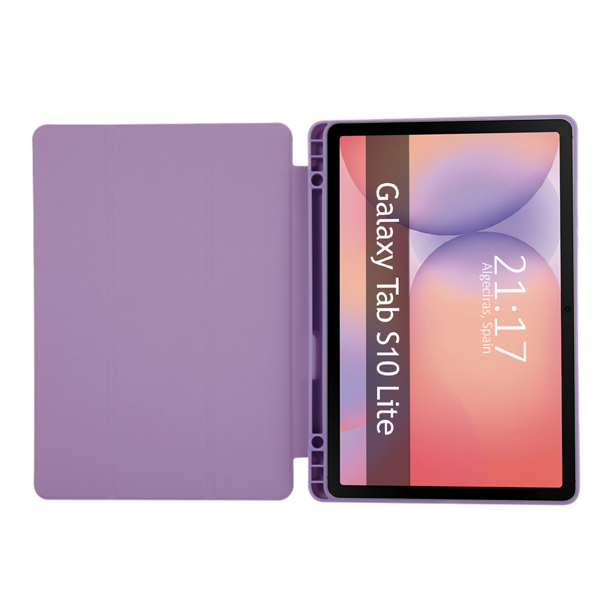 Una tableta Galaxy Tab S10 Lite en una funda morada. La pantalla muestra la hora 21:17 y la ubicación Algeciras, España.