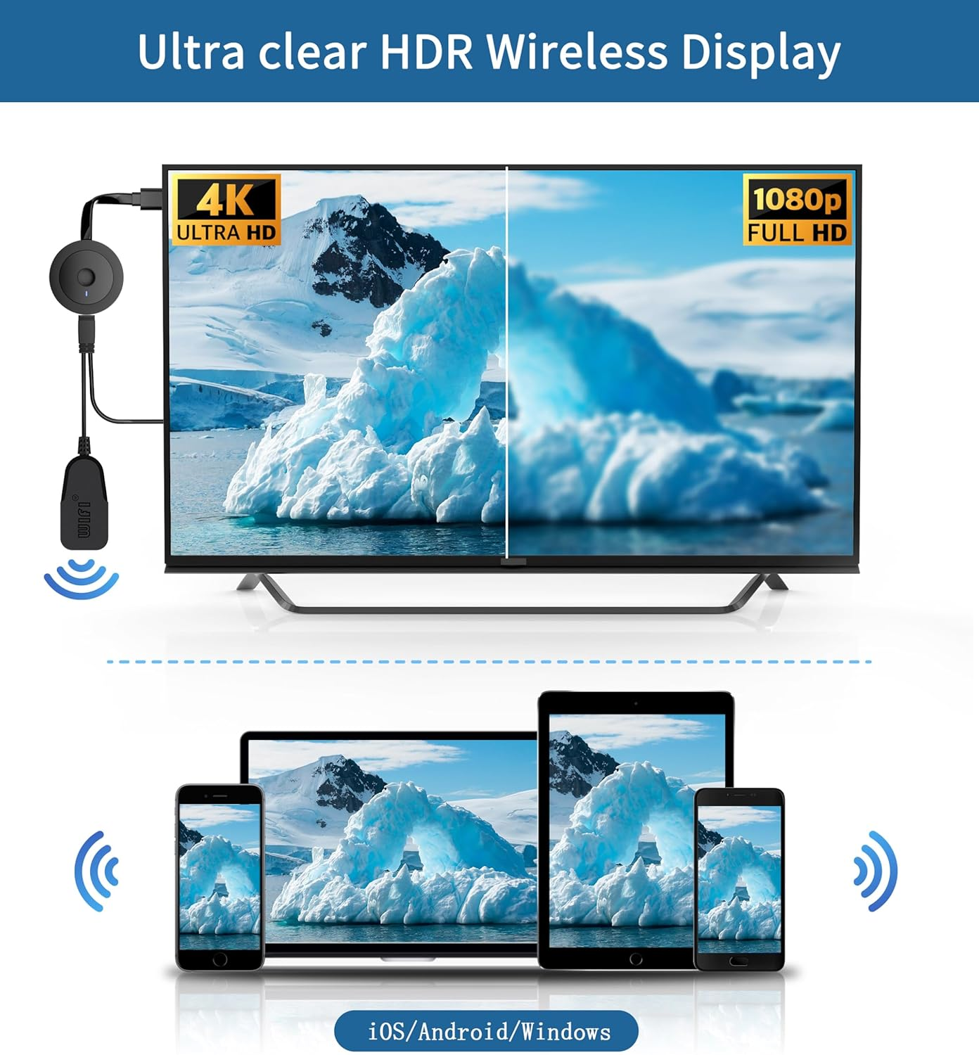 Ein Fernseher zeigt eine schneebedeckte Landschaft, verbunden mit einem schwarzen Gerät. Darunter zeigen Smartphones und Tablets dasselbe Bild, mit WLAN-Symbolen.