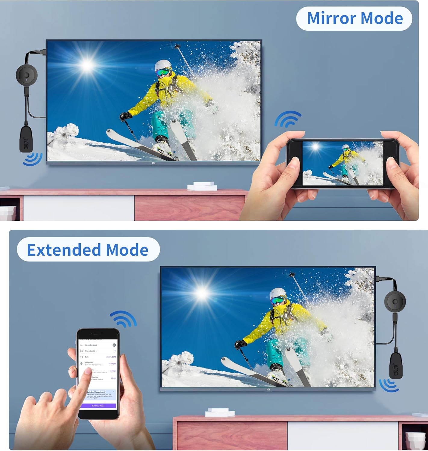 Das Bild zeigt einen Fernseher, der auf ein Telefon spiegelt und erweitert wird. Ein Skifahrer ist auf dem Bildschirm.