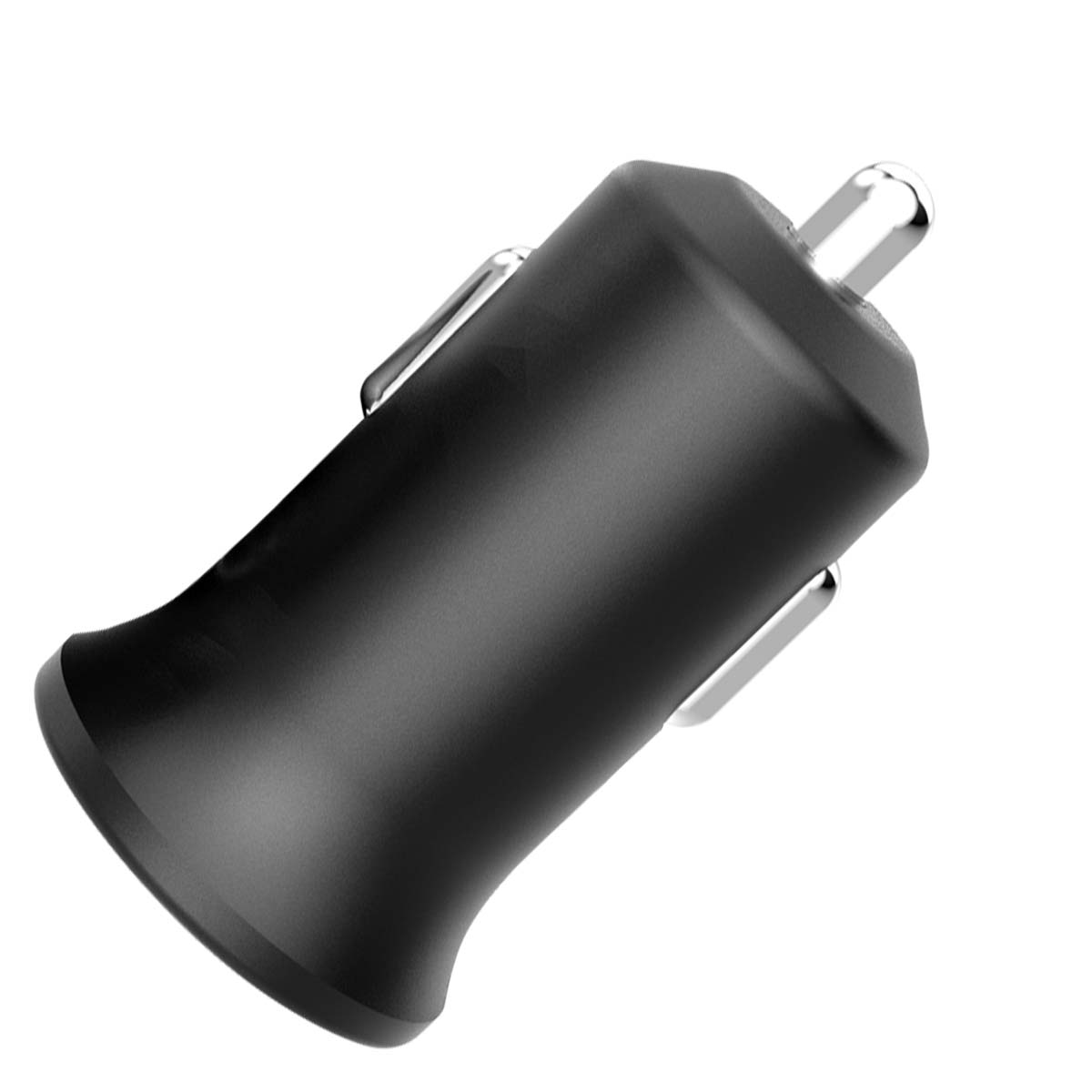Un adaptador de cargador de coche negro con clips metálicos plateados. Tiene un cuerpo cilíndrico con base acampanada y punta plateada.