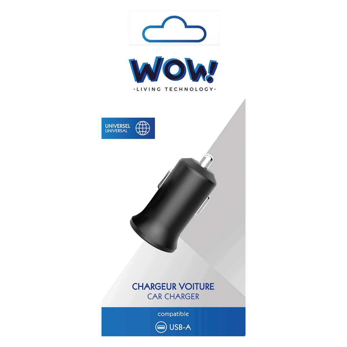 Un paquete de cargador de coche con un cargador negro. El texto incluye 'WOW!', 'CAR CHARGER' y 'USB-A'.