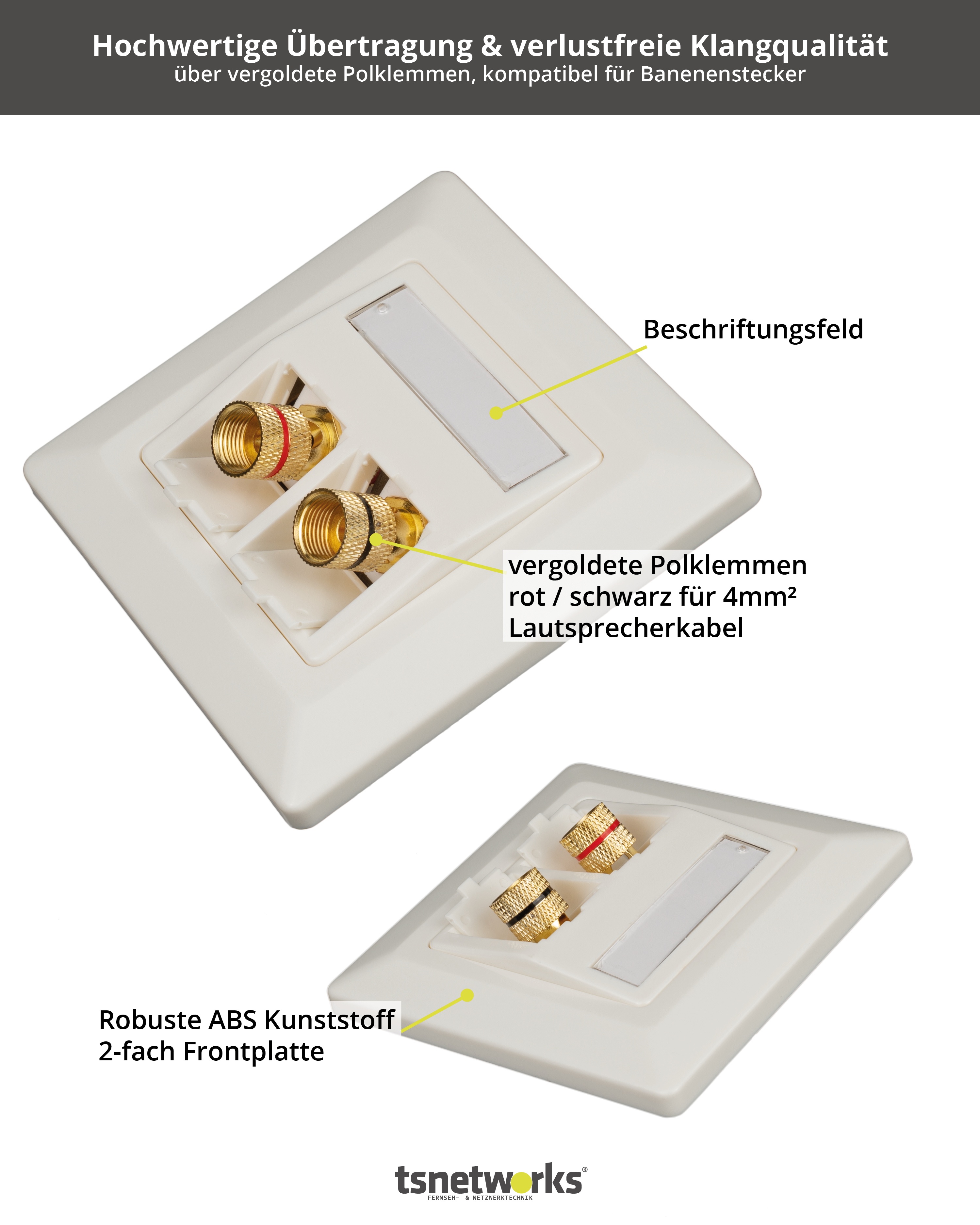 Weißes Lautsprecheranschlussfeld mit goldenen Anschlüssen, roten und schwarzen Akzenten und einem Beschriftungsfeld.