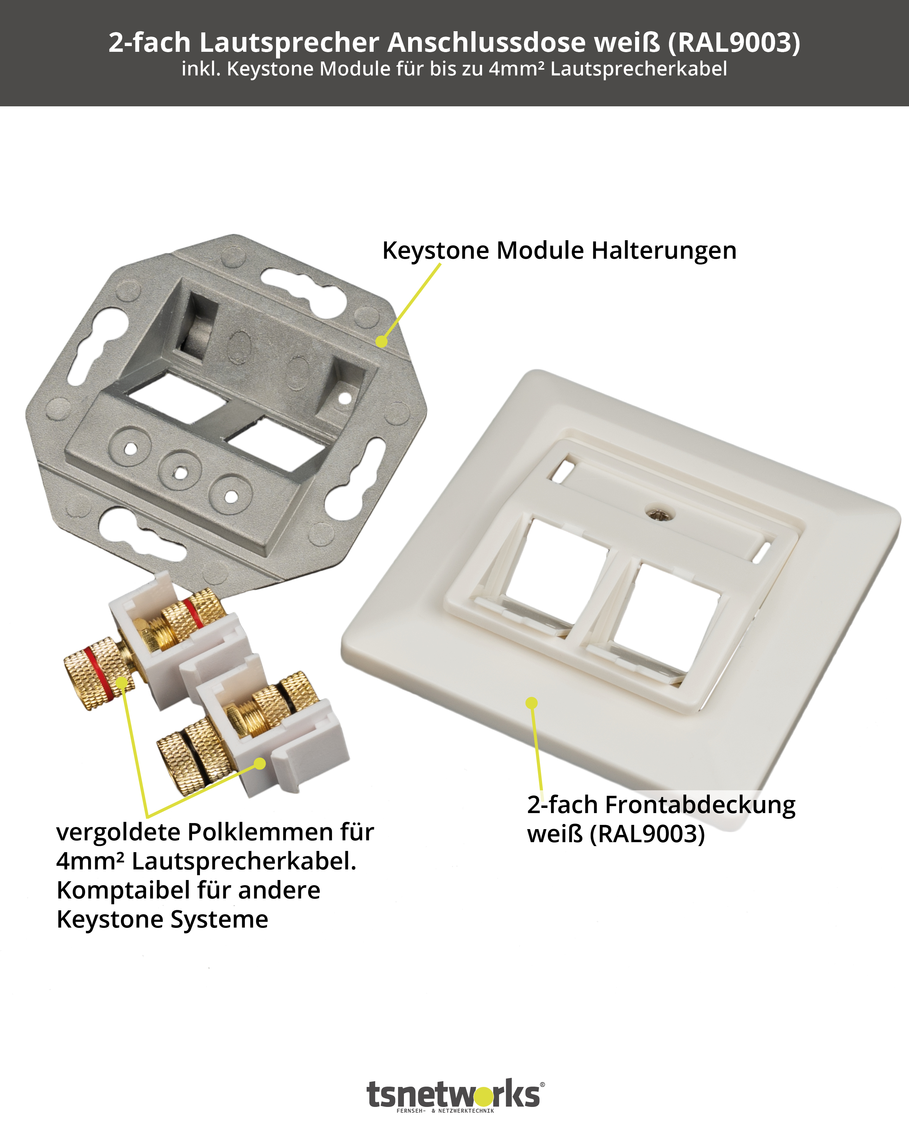 Weiße Lautsprecheranschlussdose mit Komponenten. Enthält einen silbernen Modulhalter, eine weiße Abdeckung und goldene Klemmen.