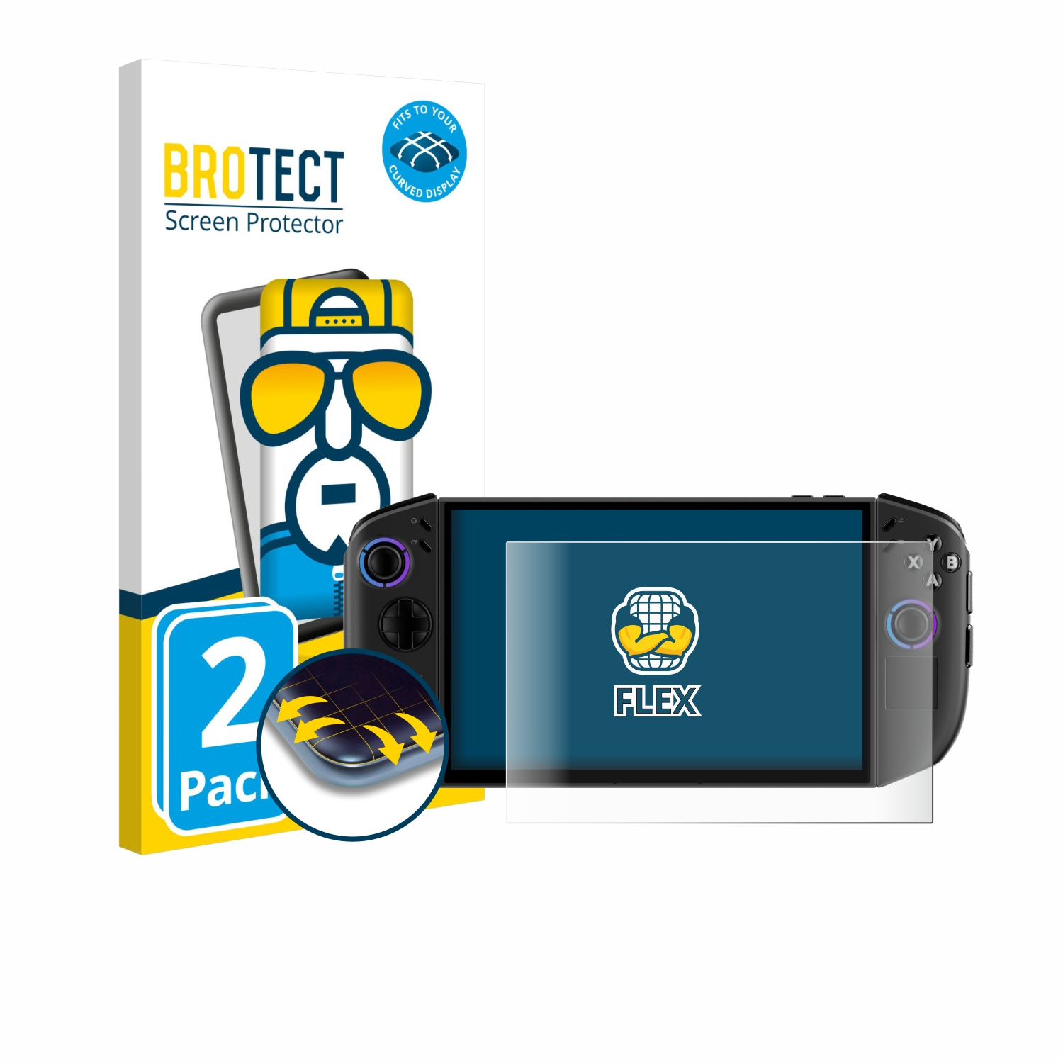 Eine Displayschutzfolienbox mit Cartoon-Bild, eine Spielekonsole mit aufgebrachter Displayschutzfolie und eine transparente Schutzfolie.