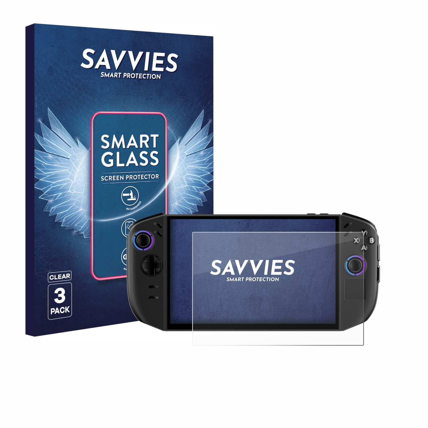 Eine Displayschutzbox und eine Handheld-Konsole mit aufgebrachtem Displayschutz. Text lautet auf beiden 'SAVVIES SMART PROTECTION'.