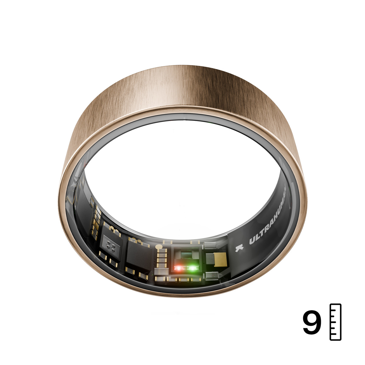 Ein roségoldener Smartring mit sichtbarer interner Platine. Auf der rechten unteren Seite ist die Größe 9 angegeben.