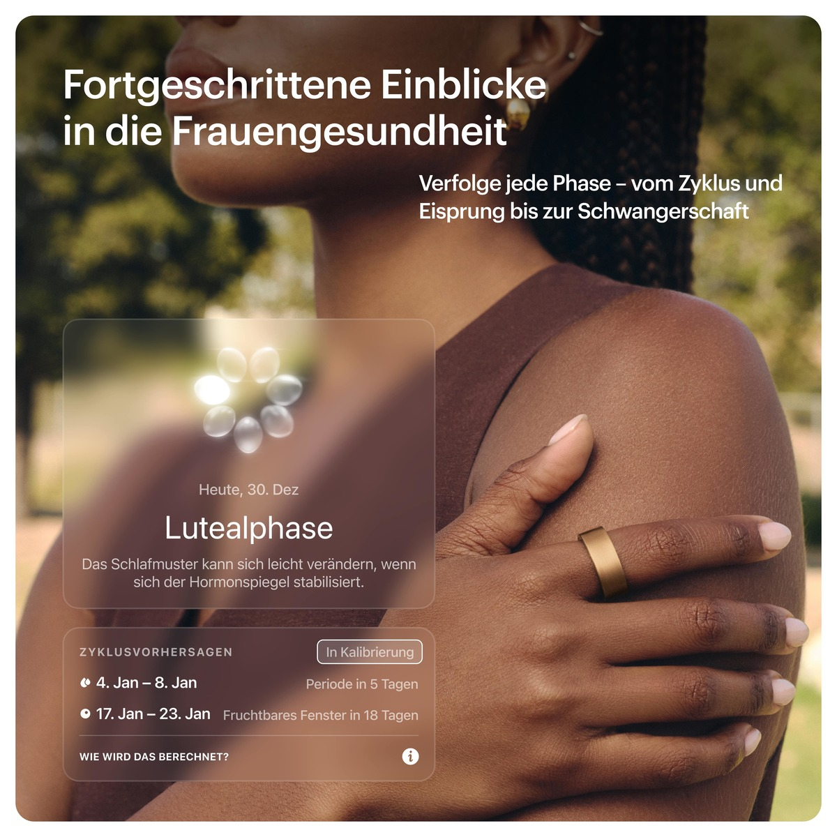 Arm einer Frau mit goldenem Ring. Text über Frauengesundheit, einschließlich Zyklusvorhersagen und Informationen zur Lutealphase.