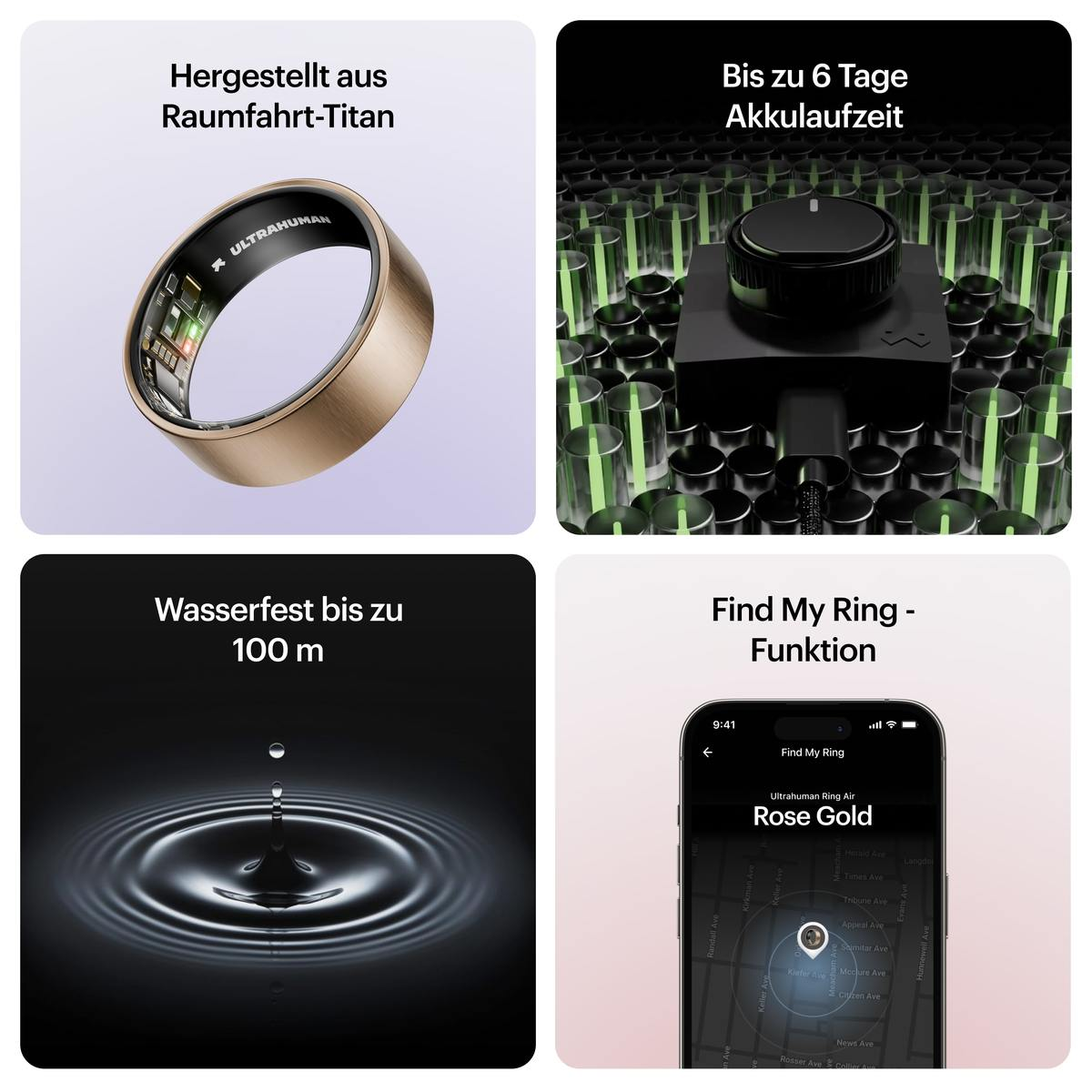 Das Bild zeigt einen Ring, eine Ladestation, einen Wassertropfen und eine Telefonkarte, alles im Zusammenhang mit einem 'Rose Gold' Ultrahuman Ring Air.