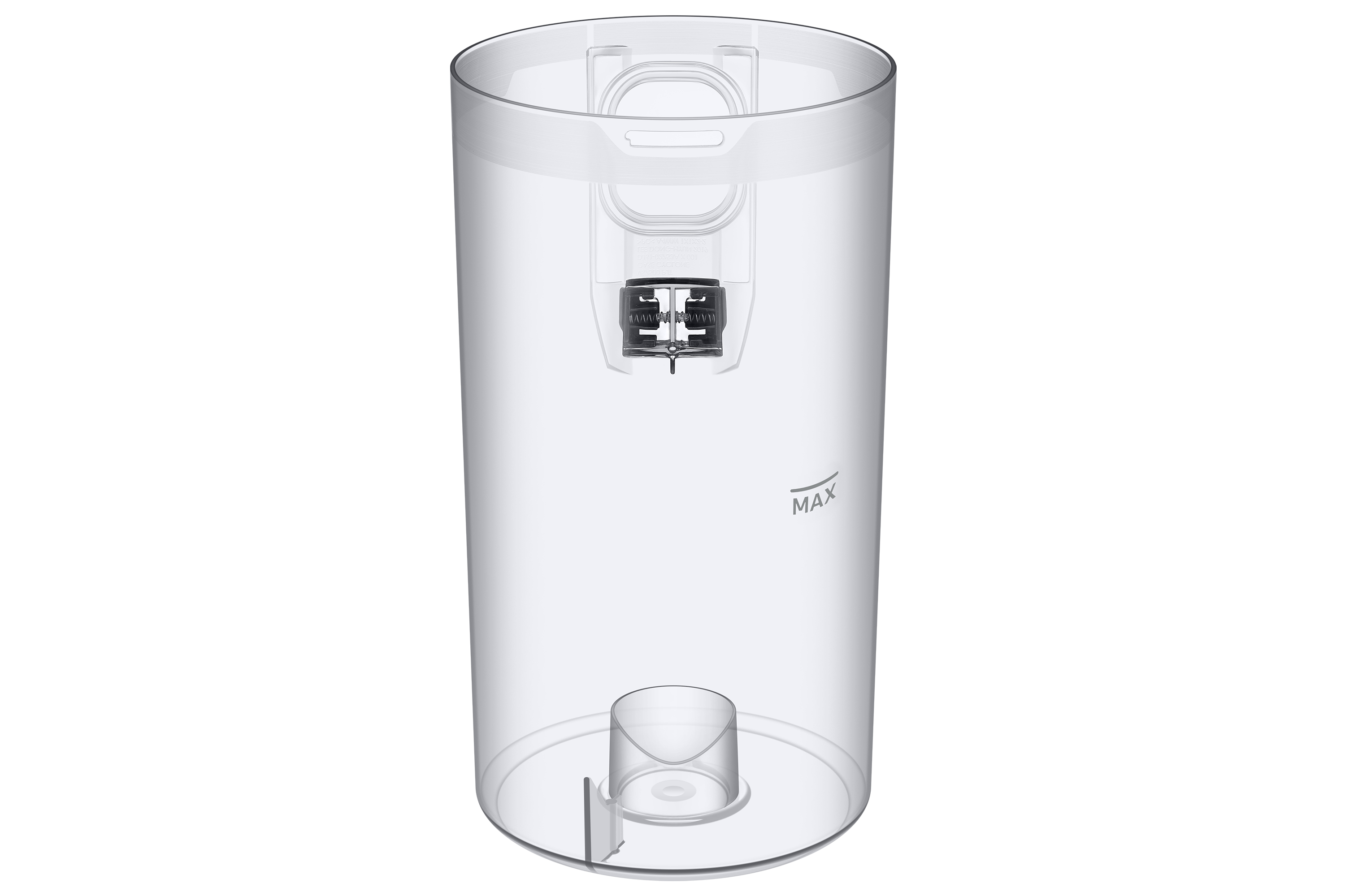Przezroczysty pojemnik na kurz do odkurzacza. Ma cylindryczny kształt z czarnym mechanizmem i tekstem MAX.