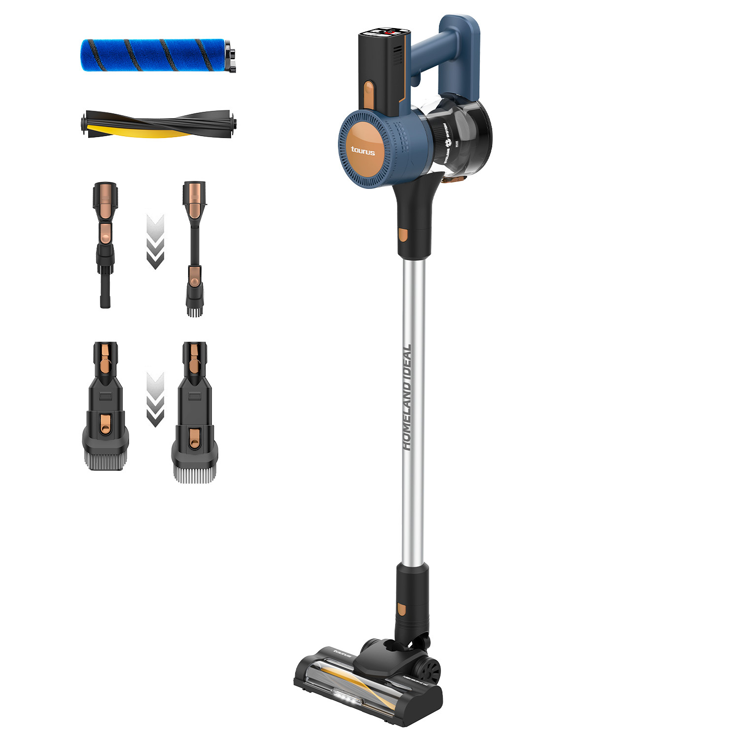 Bezprzewodowy odkurzacz z akcesoriami. Jest niebieski, czarny i srebrny. Zawiera odłączane części, takie jak szczotki i przedłużki.