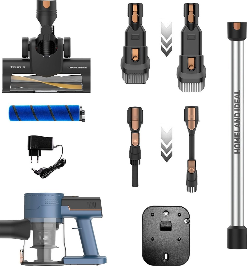 Elementy odkurzacza: korpus główny, szczotki, ładowarka, wałek i rura przedłużająca. Widoczne kolory czarny, niebieski i srebrny.