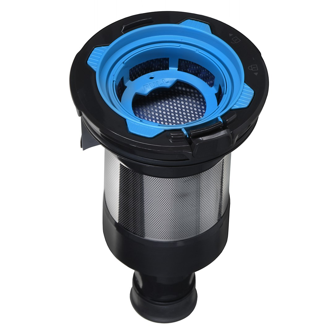 Filtr do odkurzacza z niebieskimi i czarnymi elementami z tworzywa sztucznego i metalową siatką. Szczegóły pokazują sekcje górną, środkową i dolną.