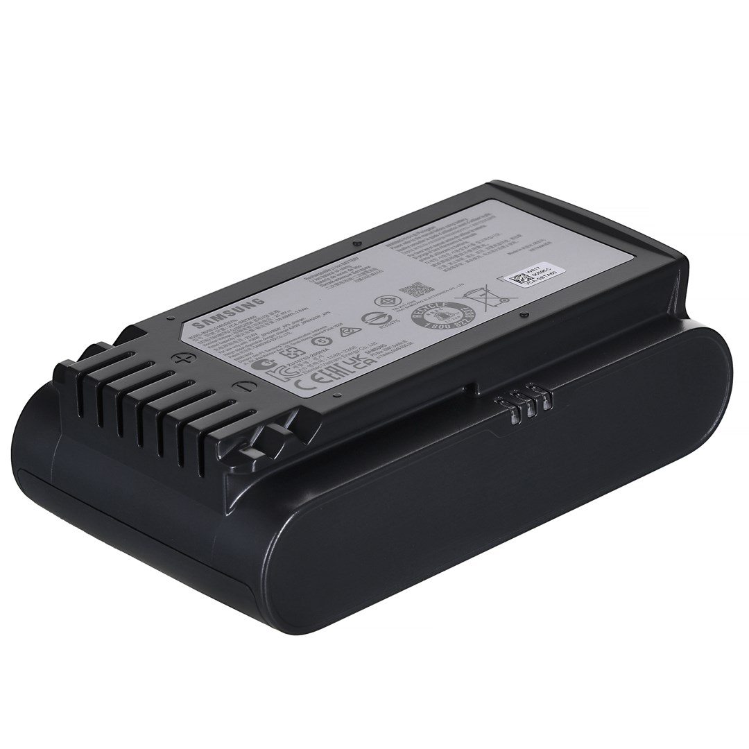 Czarny akumulator Samsung, prostokątny z zaokrąglonymi krawędziami. Ma etykietę z tekstem i kratkę chłodzącą na jednym końcu.