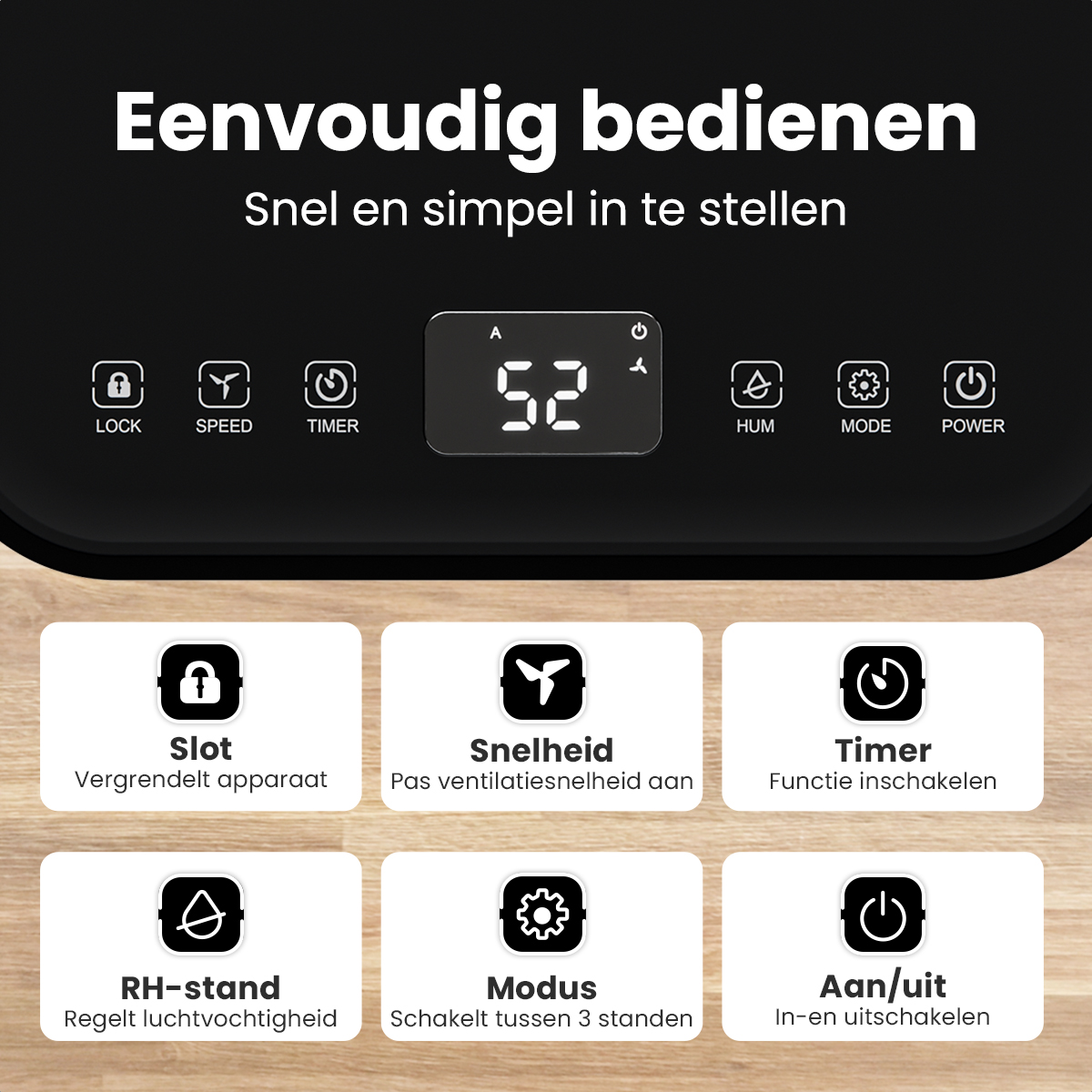 Zwart bedieningspaneel met witte tekst en pictogrammen. Toont het digitale nummer 52. Knoppen voor vergrendeling, snelheid, timer, hum, modus en stroom.