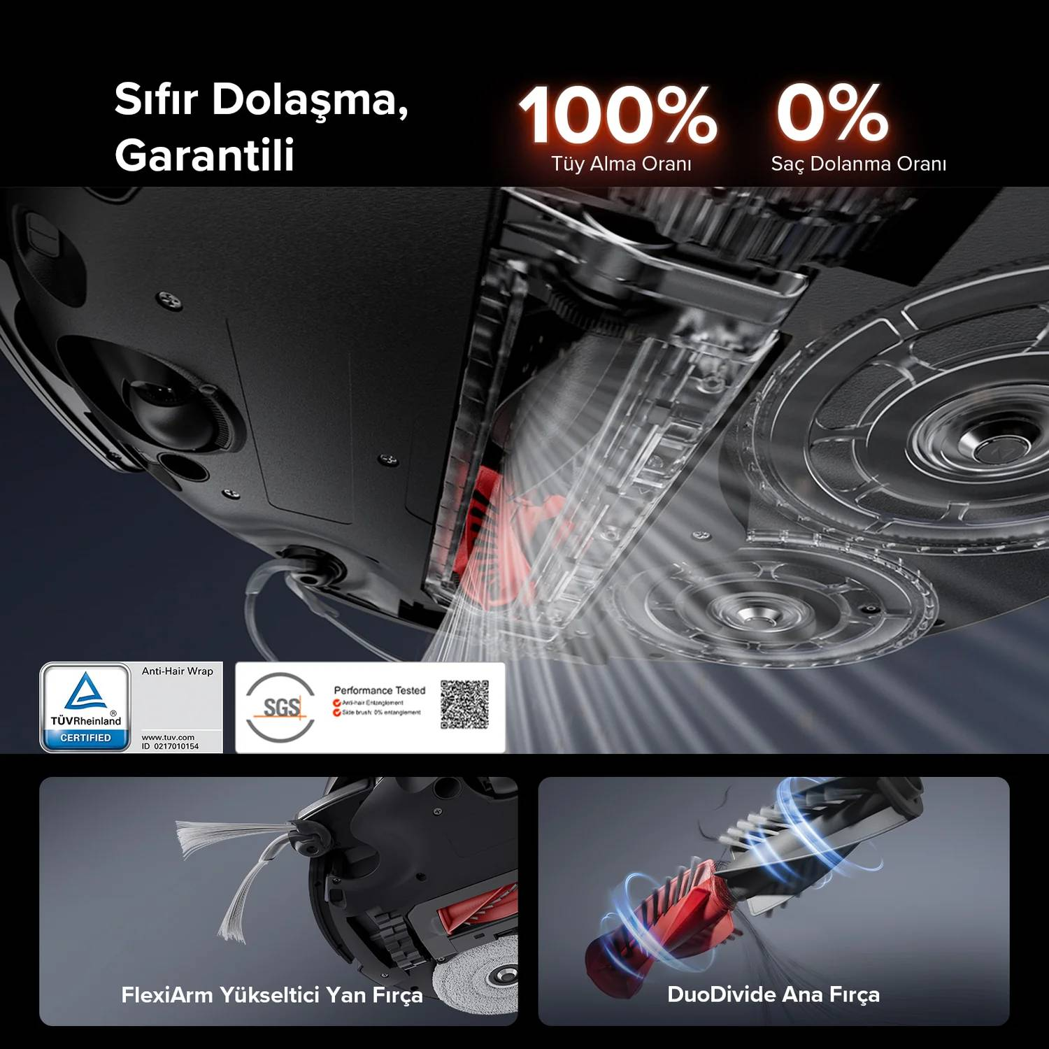 Un robot aspirapolvere con funzioni come anti-groviglio e DuoDivide. Visualizza percentuali e certificazioni.