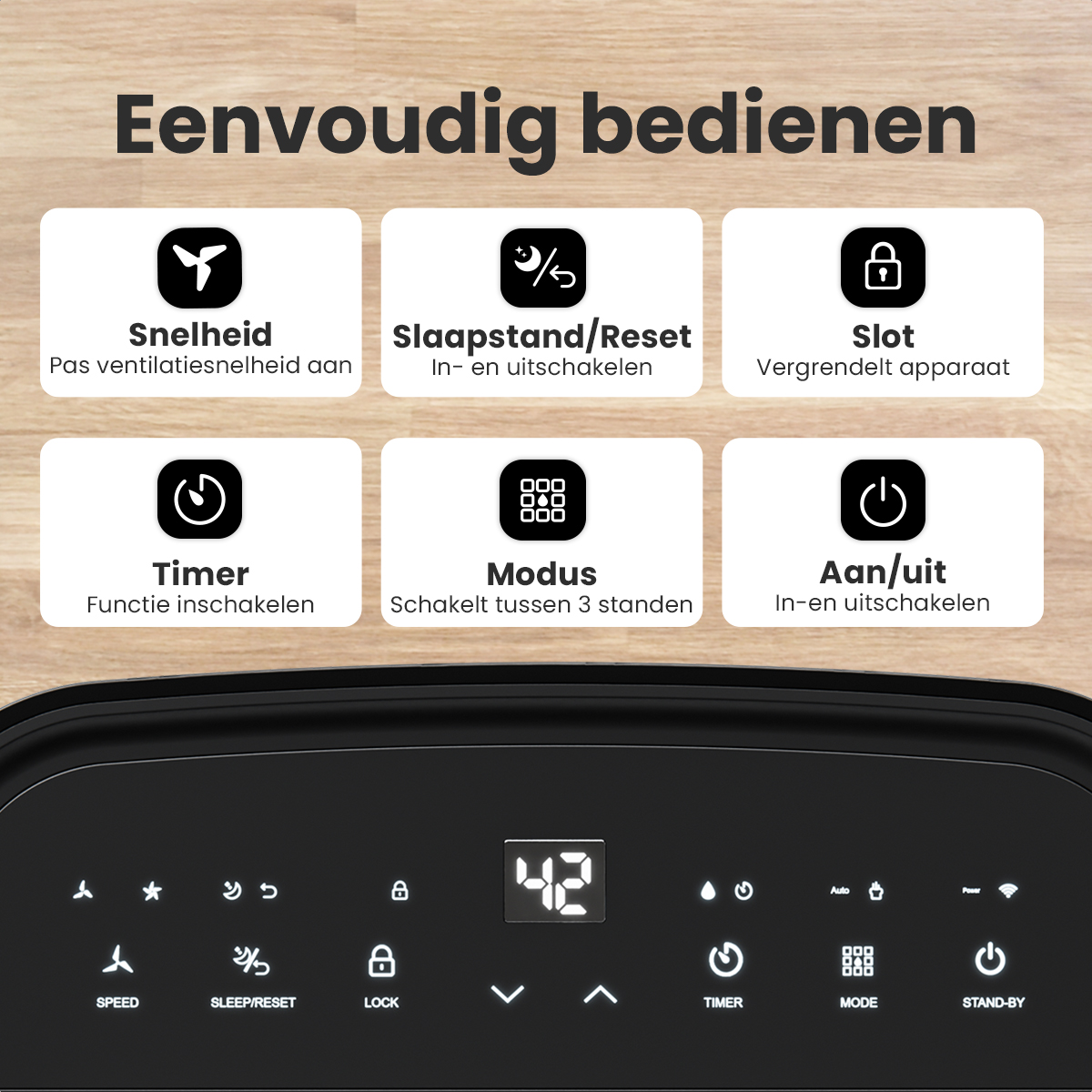 Bedieningspaneel met pictogrammen voor snelheid, slaap, vergrendeling, timer, modus en stand-by. Digitaal display toont '42'. Achtergrond hout.