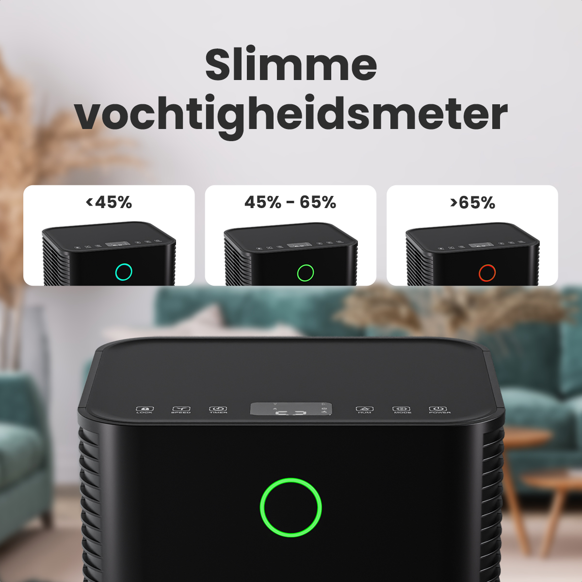 Een zwarte luchtbevochtiger met groen licht. Daarboven 3 kleine luchtbevochtigers, de eerste groen, de laatste rood.