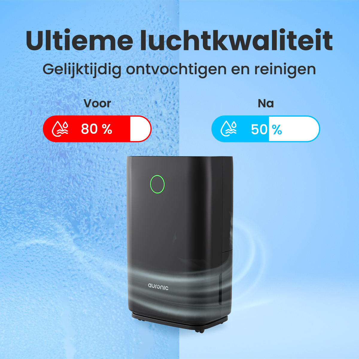 Afbeelding toont luchtreiniger met vochtigheidspercentages. Voor: 80%. Na: 50%. De reiniger is zwart met een groene knop.