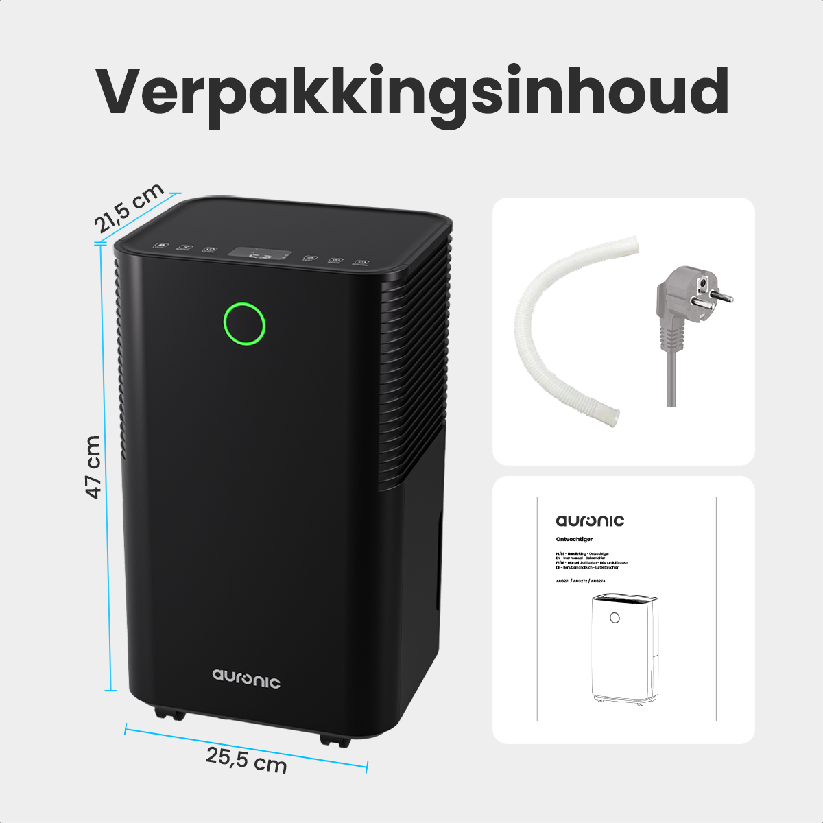 Zwarte luchtontvochtiger met afmetingen. Inclusief slang, stekker en handleiding. Titel 'Verpakkingsinhoud' en merk 'auronic'.