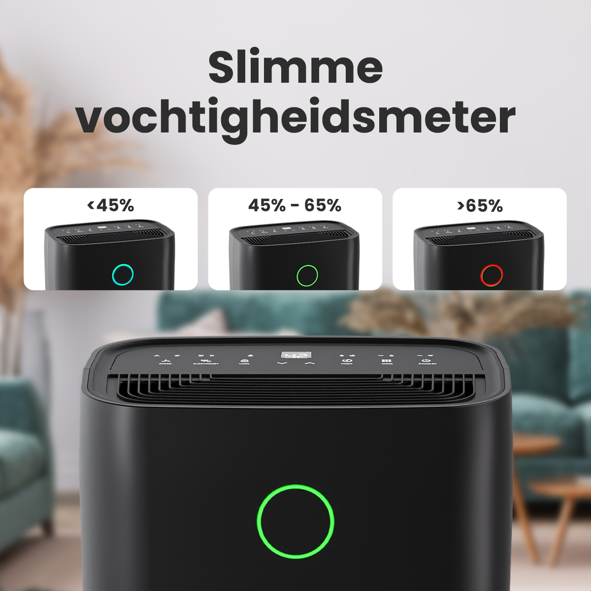 Zwarte luchtontvochtiger met vochtigheidsindicatoren. Toont <lt/>45% (blauw), 45-65% (groen), <gt/>65% (rood). Tekst: slimme vochtigheidsmeter.