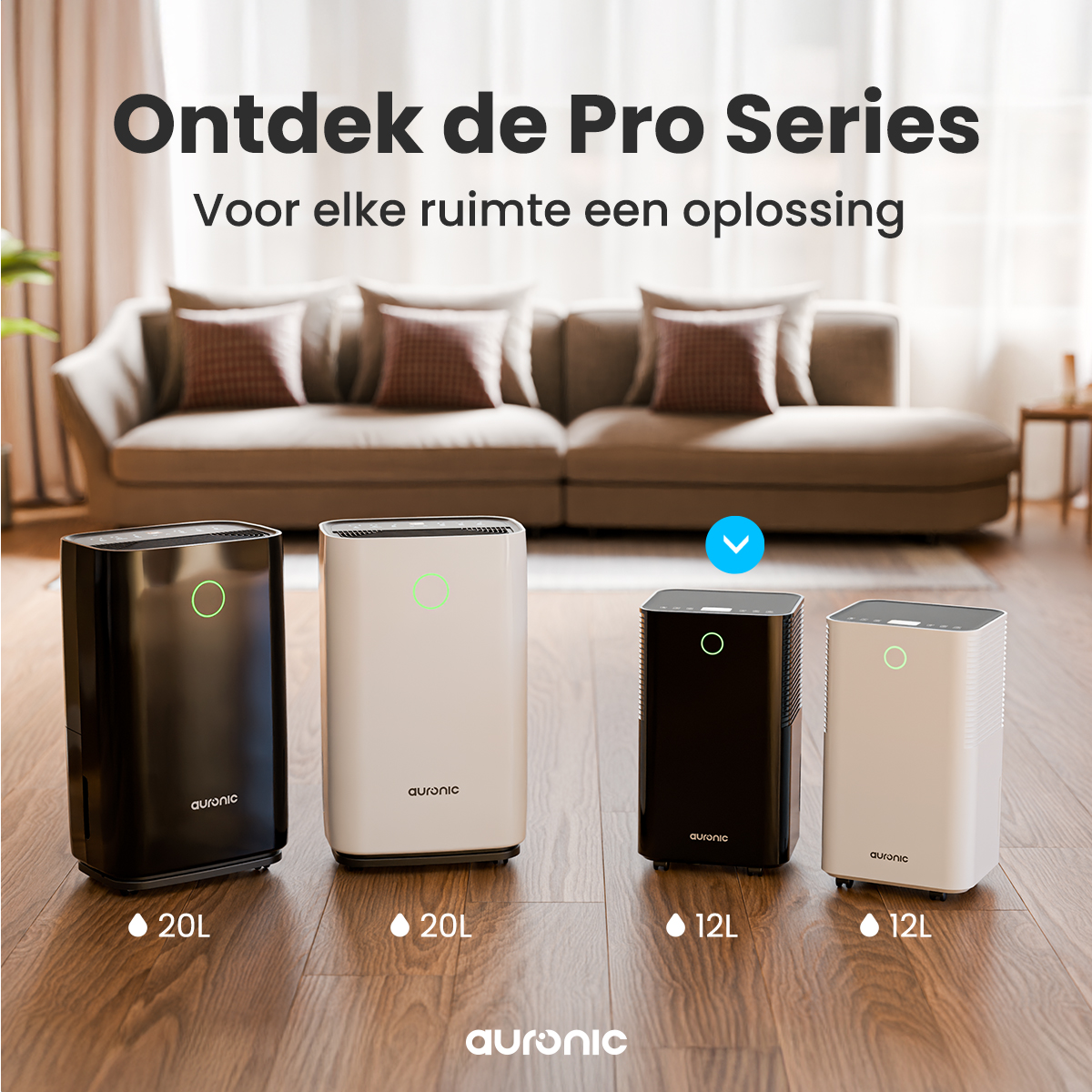 Vier luchtreinigers voor een bank. Boven staat 'Pro Series'. Elke reiniger heeft een capaciteitsindicator.