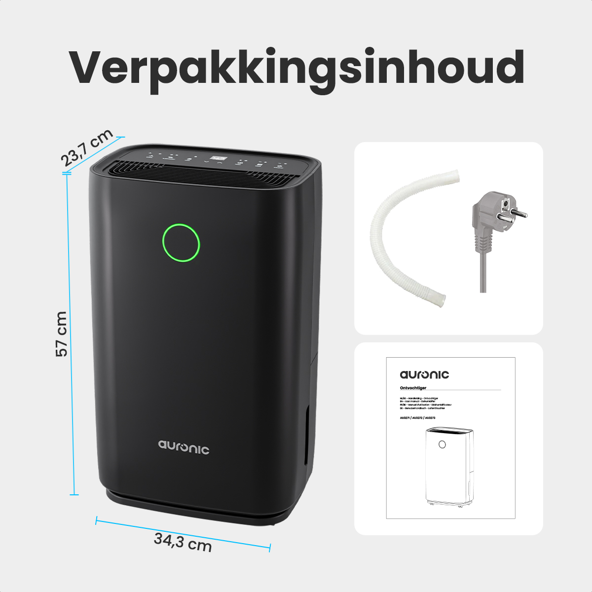 Een zwarte Auronic ontvochtiger met afmetingen. Inclusief slang, stekker en handleiding. Tekst 'Verpakkingsinhoud' bovenaan.