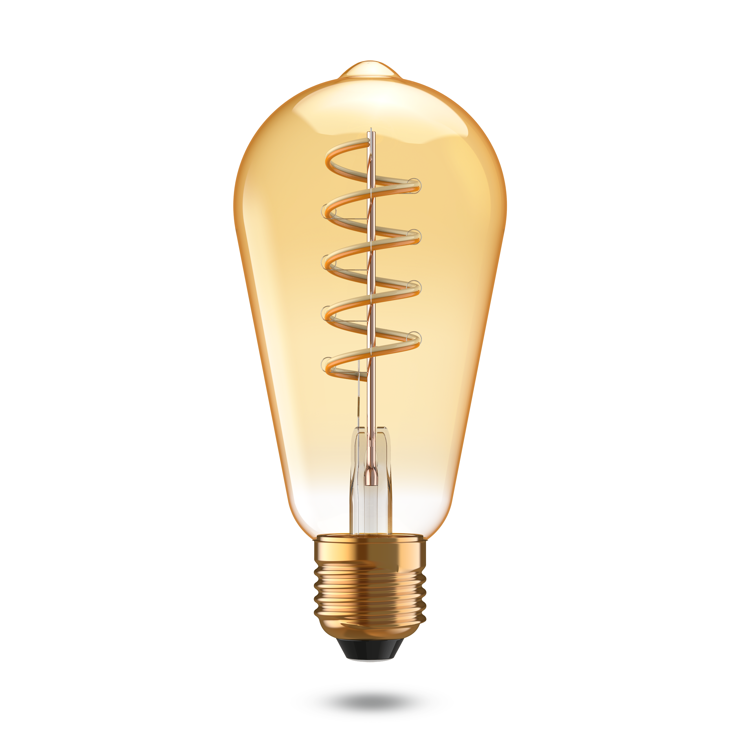 Eine goldene Glühbirne mit Spiralfaden, auf schwarzem Hintergrund.