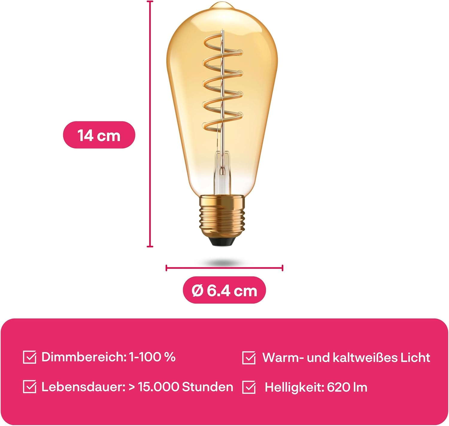 Eine dekorative Glühbirne mit goldenem Glas. Sie hat einen Wendelfaden. Die Abmessungen sind 14 cm hoch und 6,4 cm Durchmesser.