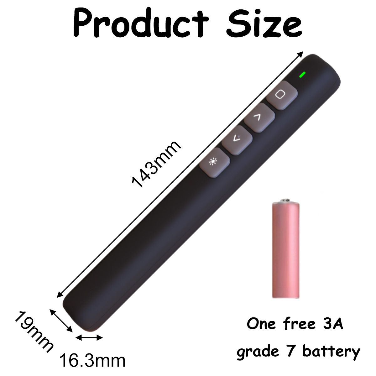 Schwarze Präsentationsfernbedienung mit Knöpfen und Maßangaben. Daneben eine rosa Batterie. Text: Produktgröße.