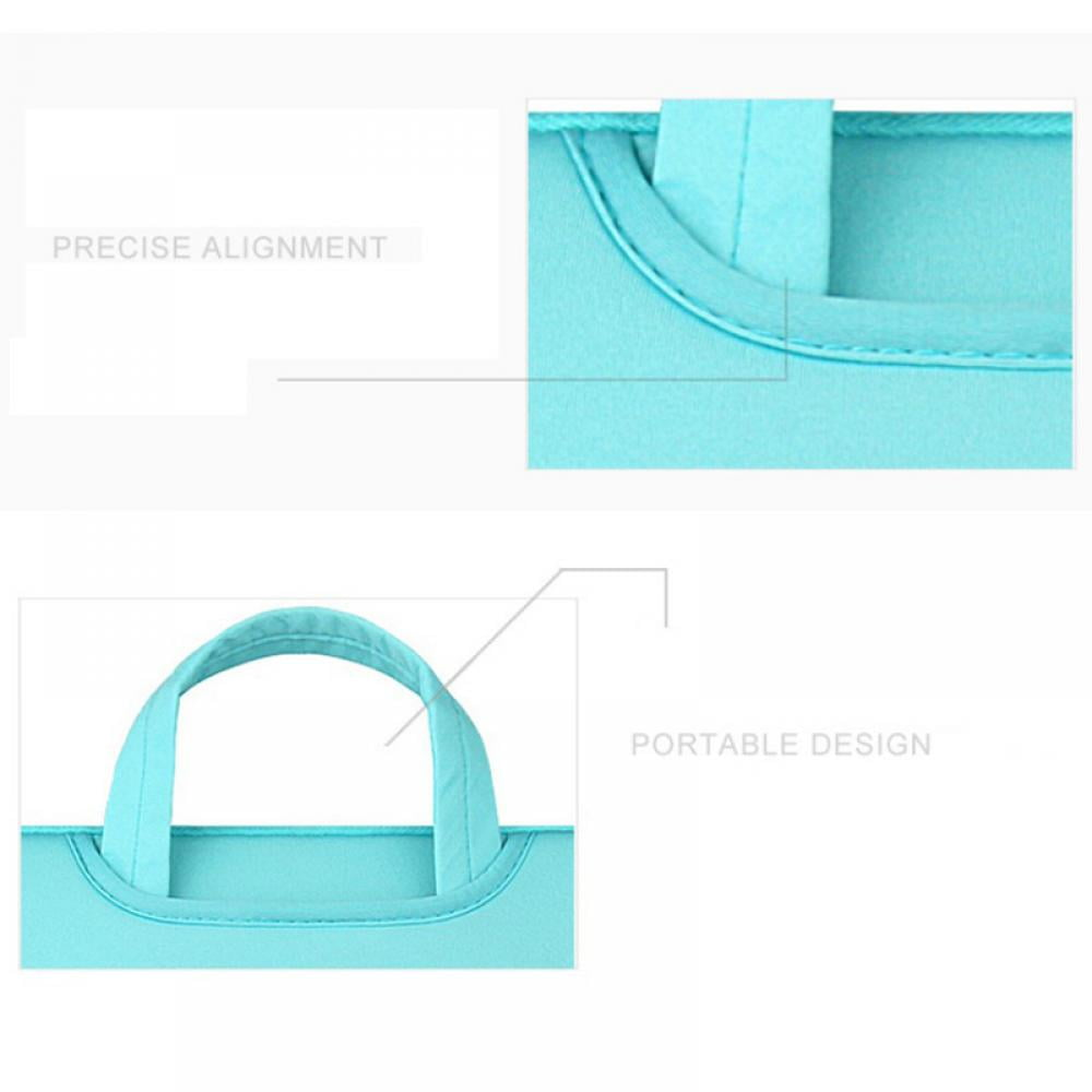 Das Bild zeigt eine hellblaue Tasche mit Griff. Text sagt 'Präzise Ausrichtung' und 'Tragbares Design'.