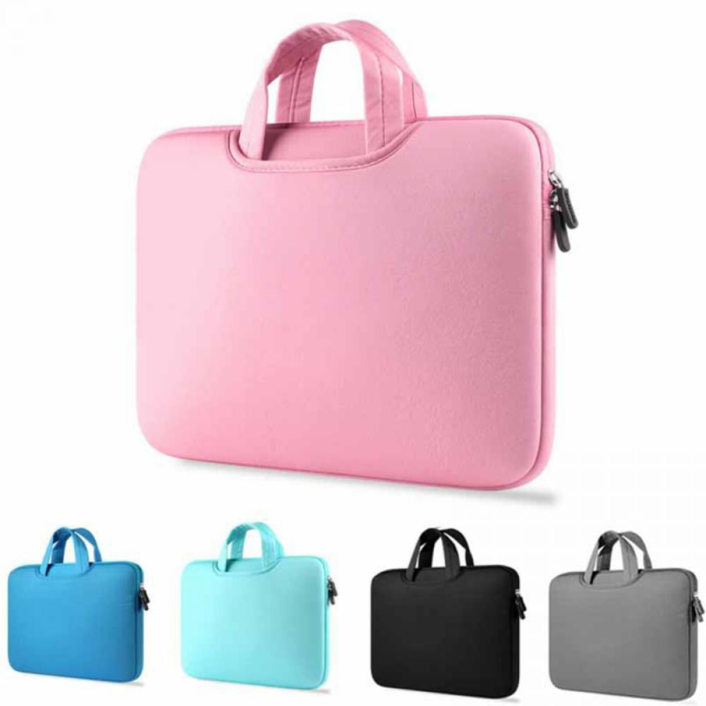 Oben eine rosa Laptoptasche mit Henkel. Darunter blaue, türkisfarbene, schwarze und graue Taschen.