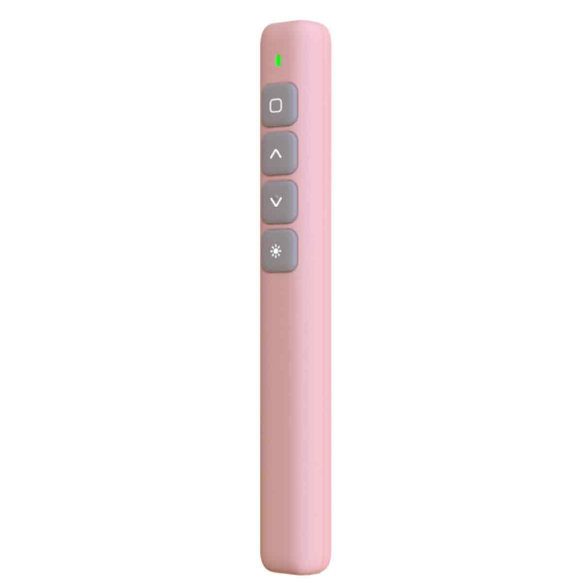 Eine rosa Präsentationsfernbedienung mit grauen Tasten und einem grünen Licht. Tasten sind oben, unten und ein Symbol.