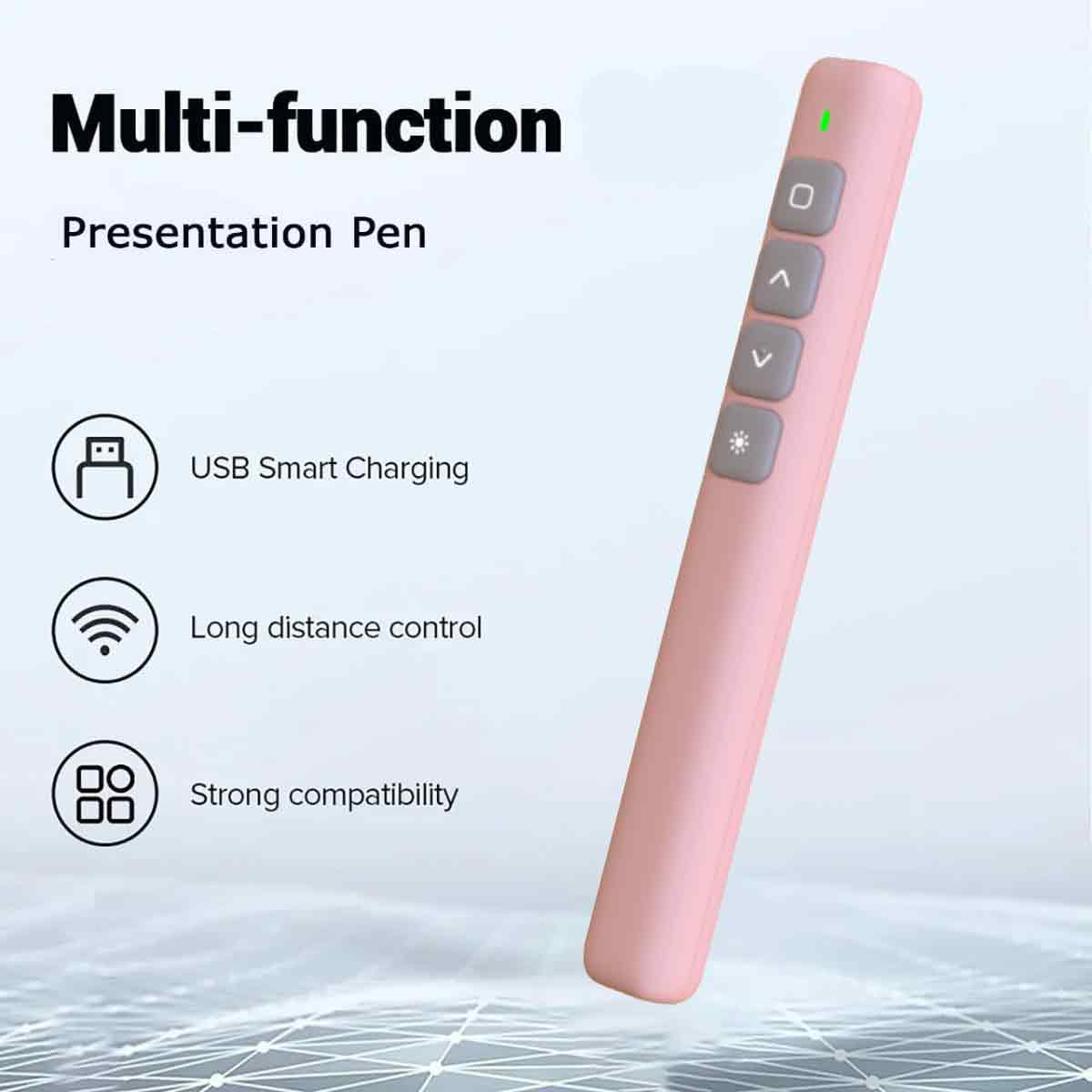 Ein rosafarbener Präsentationsstift mit Knöpfen, den Worten 'Multi-function Presentation Pen' und Symbolen für Funktionen.