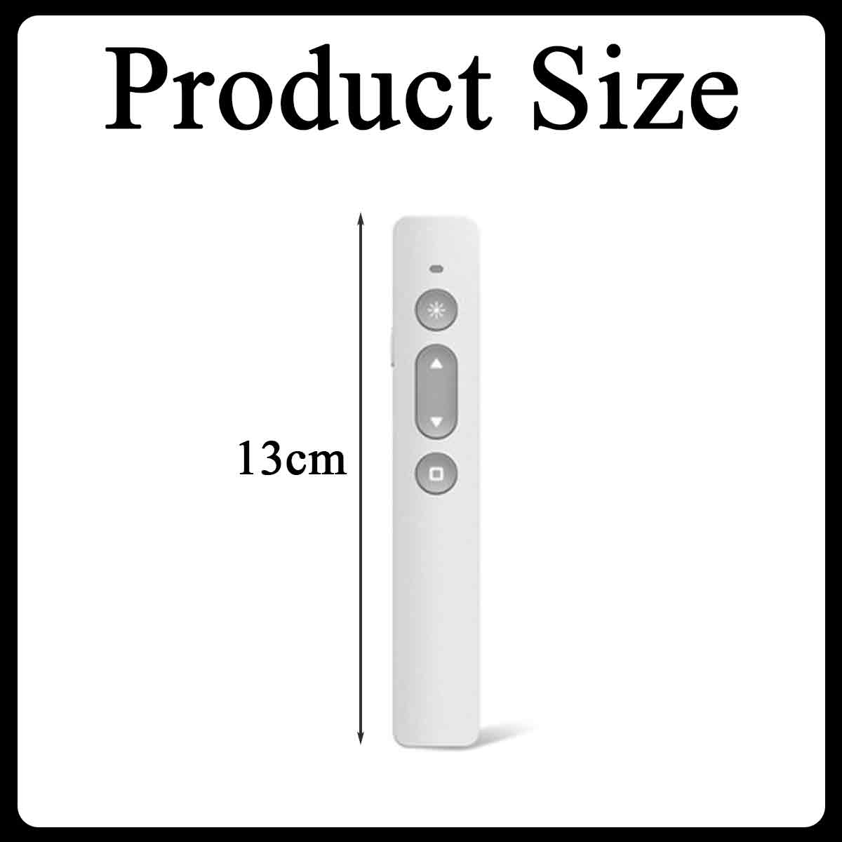 Das Bild zeigt eine weiße Fernbedienung mit Tasten. Der Text lautet "Produktgröße" und "13cm" mit einer Linie, die die Länge der Fernbedienung angibt.
