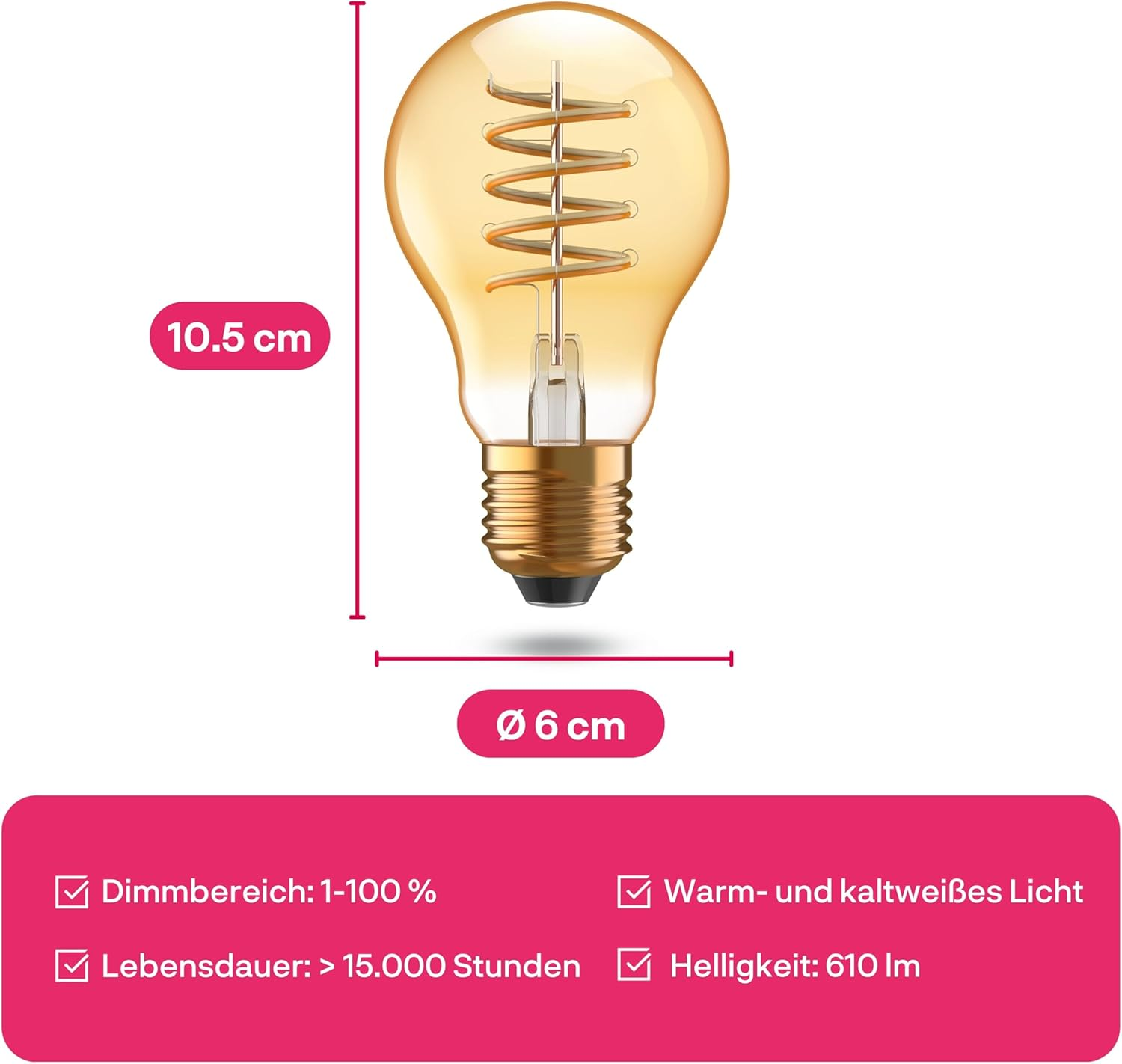 Eine dekorative Glühbirne mit Spiralfaden. Sie hat beschriftete Abmessungen und eine rosa rechteckige Box mit Funktionen.