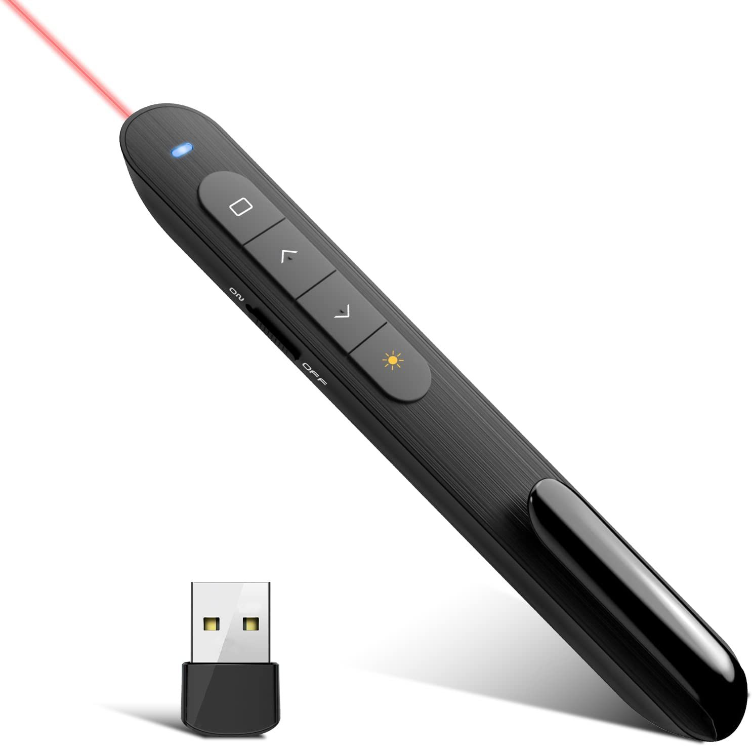 Schwarze Präsentationsfernbedienung mit Laserpointer und USB-Empfänger. Navigationstasten. Laserstrahl ist rot. Ein/Aus-Schalter.